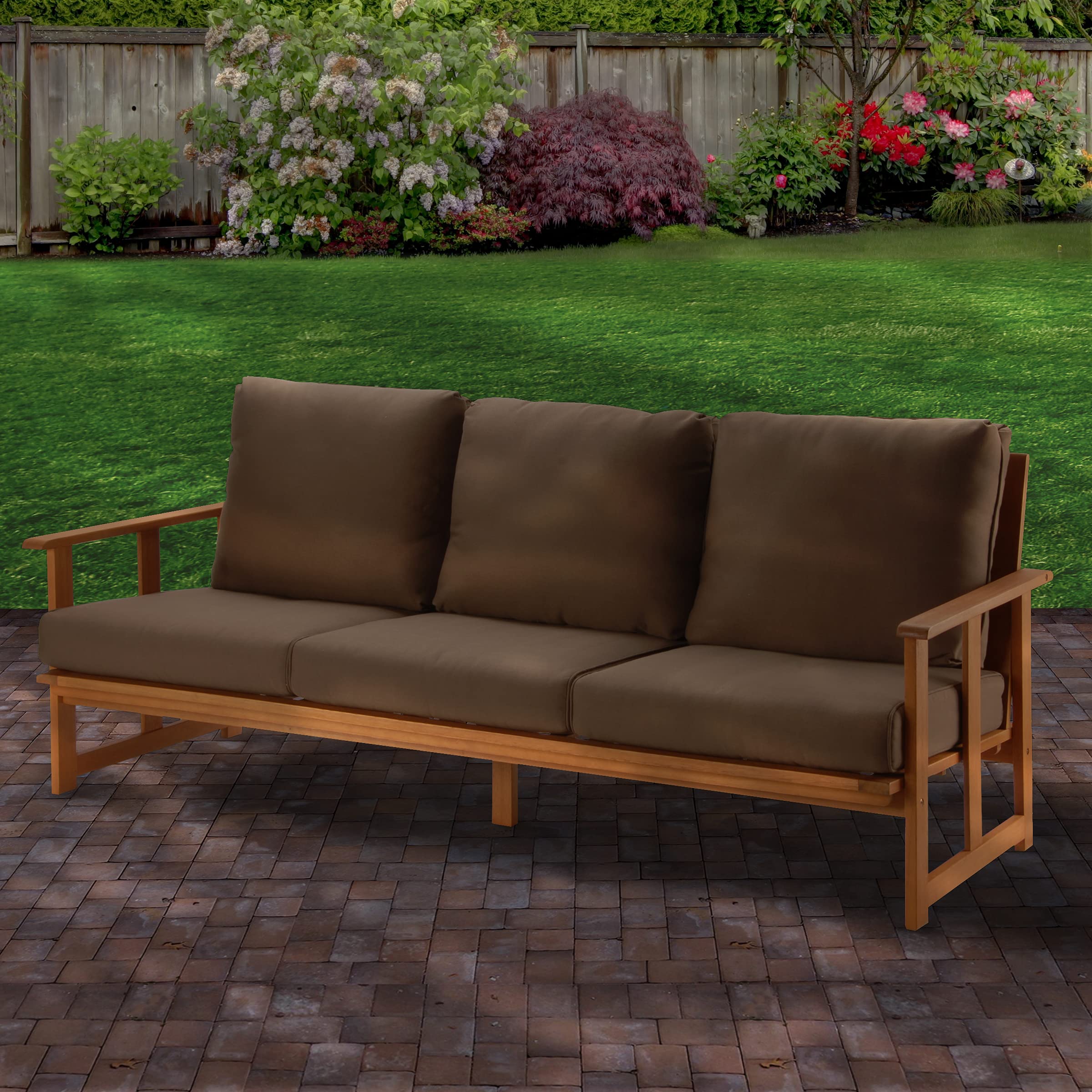 Premium Eucalyptus Wood Patio Sofa with Chocolate Brown Cushions - Outdoor Furniture for Backyard, Garden & Poolside Relaxation | Weather-Resistant & Durable Patio Seating