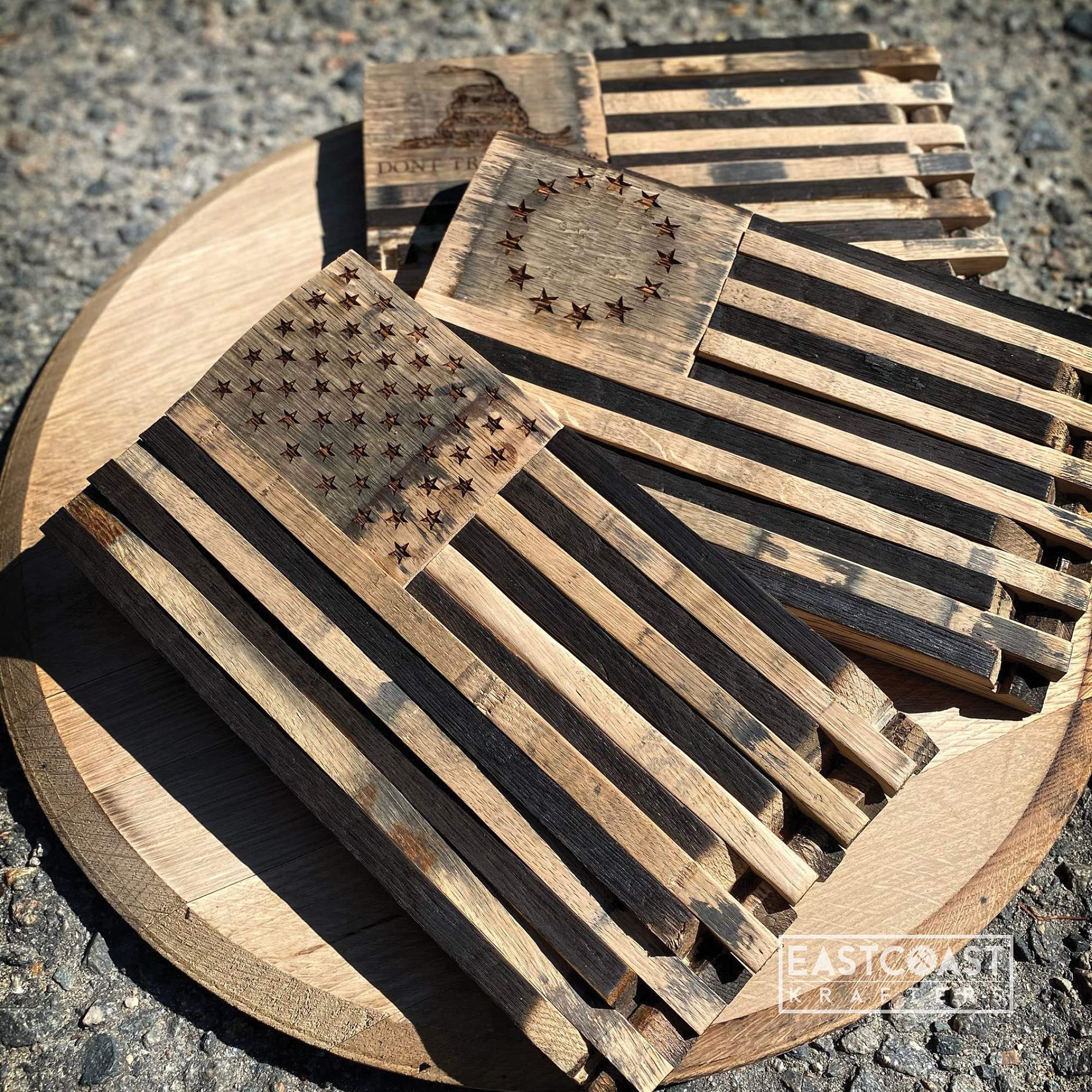 Handmade Bourbon Barrel Stave Gadsden Flag Display - American Made Wooden Wall Decor - Perfect for Home, Office, or Man Cave Decorating