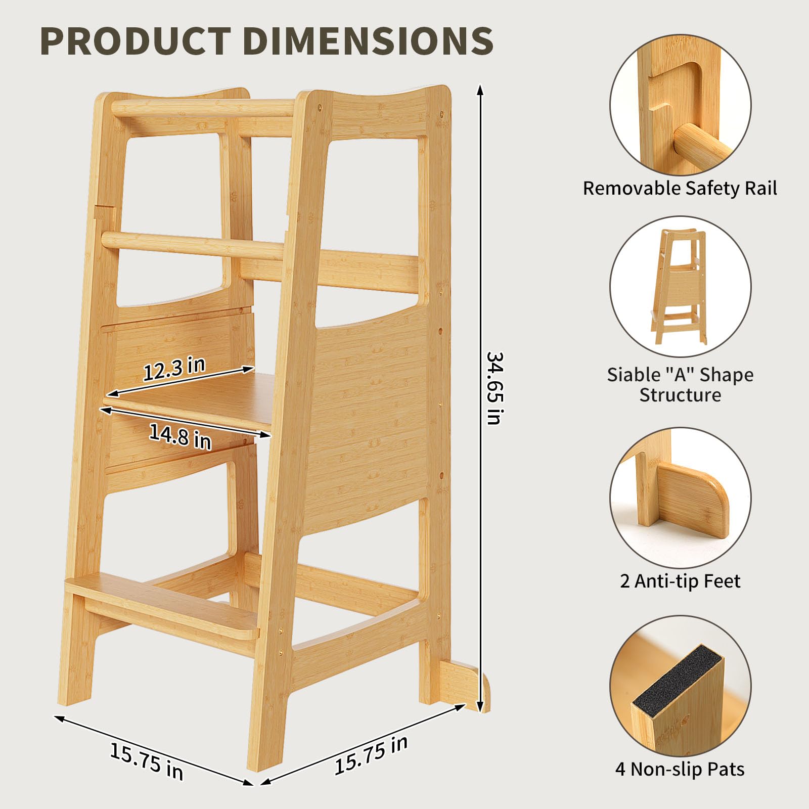 **Adjustable Toddler Step Stool with Safety Rail - 3 Height Levels, Wide Platform Learning Tower for Kids - Perfect for Kitchen, Bathroom & Playroom**