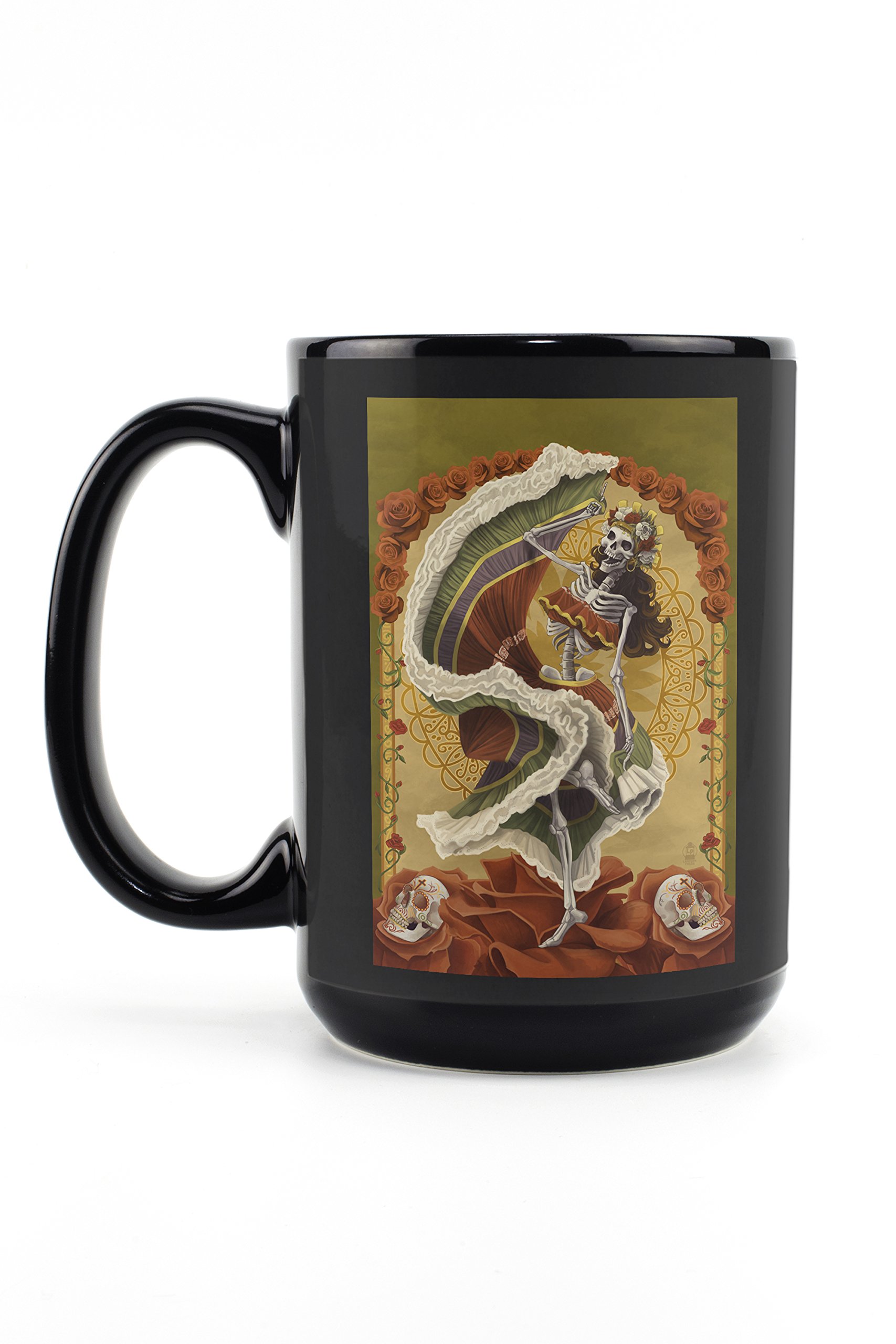 Lantern Press Day of the Dead Skeleton Dancing Mug - 15oz Black Ceramic Coffee & Tea Cup, Dishwasher & Microwave Safe - Perfect for Halloween Decor, Mexican Fiesta, or Gift Giving