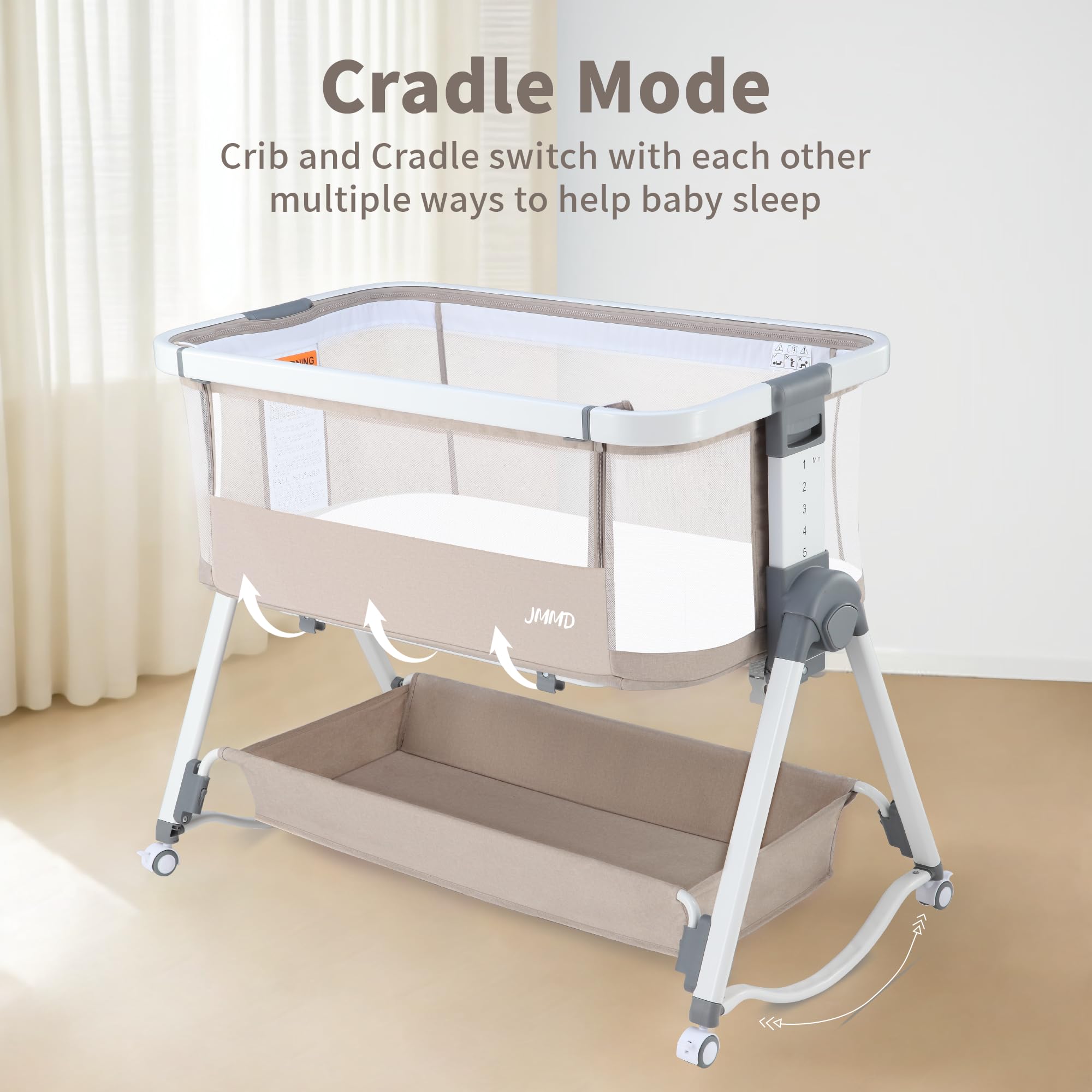 JMMD 3-in-1 Adjustable Baby Bassinet Bedside Sleeper - 6 Height Levels, Foldable & Portable Crib for Newborns & Infants (Khaki) | Perfect for Nursery, Bedroom Co-Sleeping & Travel