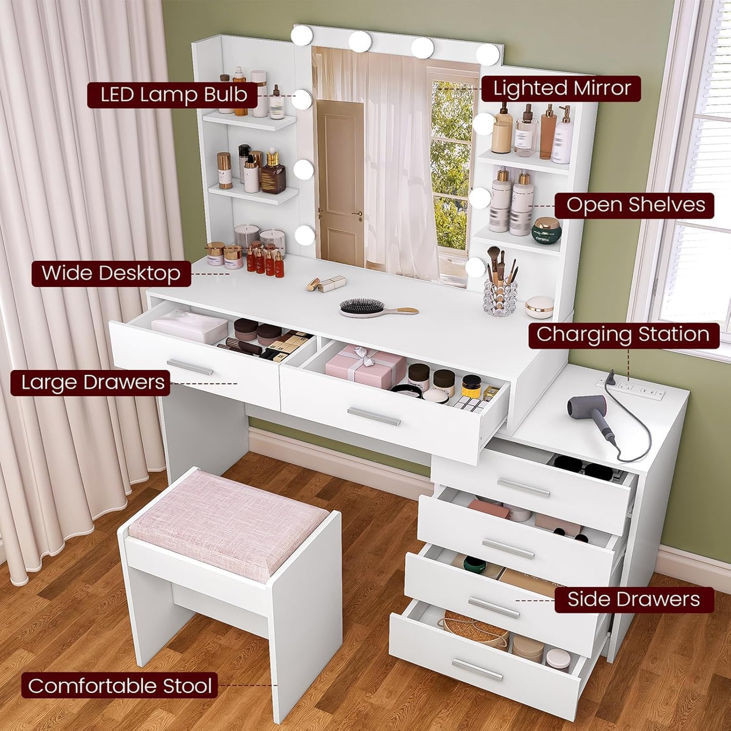 Vanity Desk with Mirror & LED Lights, 48