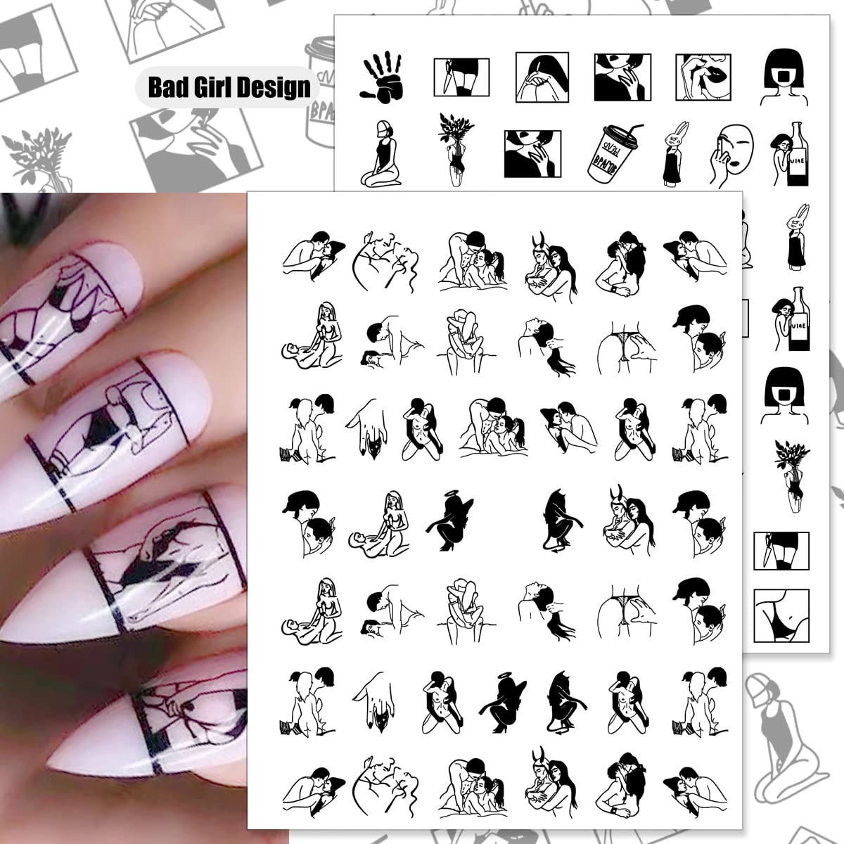 Bad Girl Nail Stickers - 8 Sheets 3D Black White Nail Decals for Women | Party & Night Out Nail Art