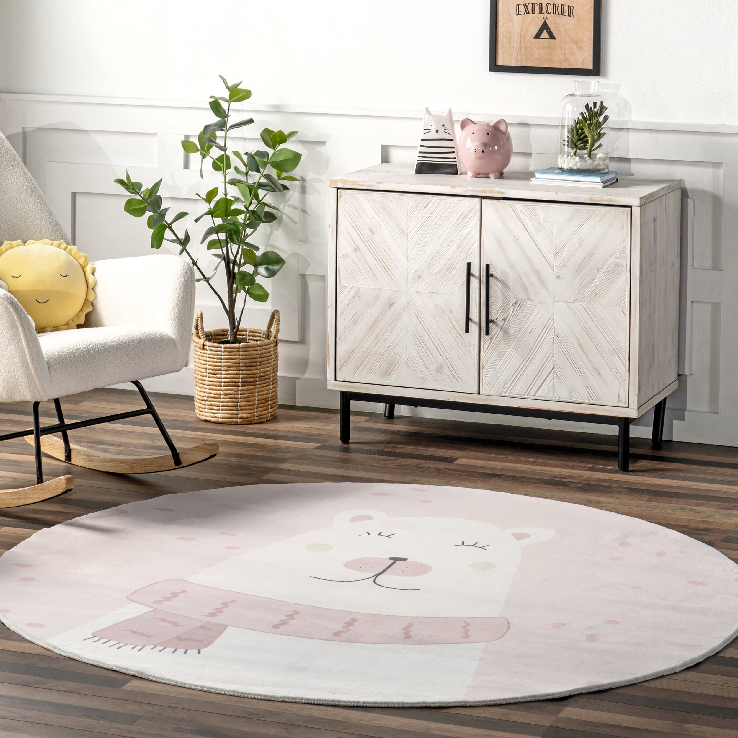 Agathe Polar Bear Kids Washable Rug - Soft Non-Slip Nursery Carpet for Baby Room & Playroom - Pale Pink Play Mat for Toddlers & Infants - Perfect for Nursery Decor, Playtime & Learning Activities