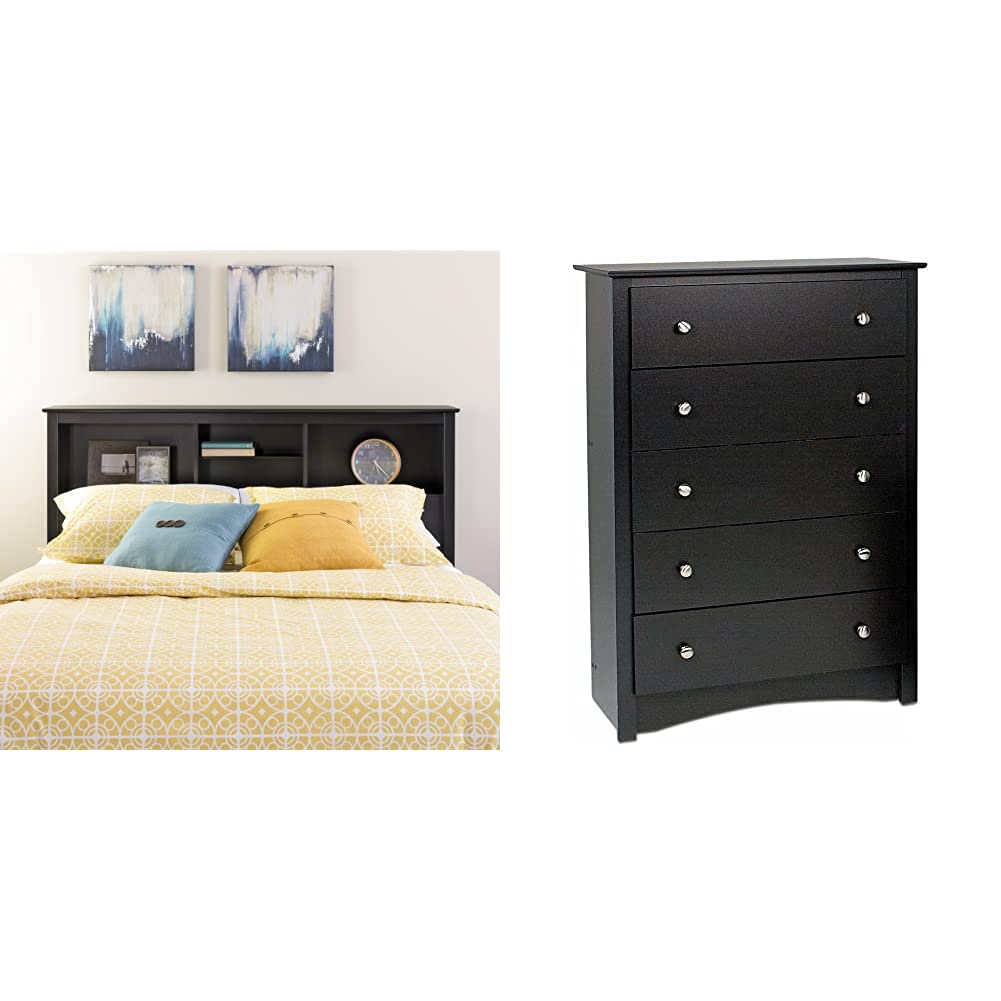 Prepac Full/Queen Bookcase Headboard with Black Sonoma 5-Drawer Chest - Stylish Bedroom Storage Solution for Books, Decor & Essentials - Perfect for Small Spaces & Modern Home Decor
