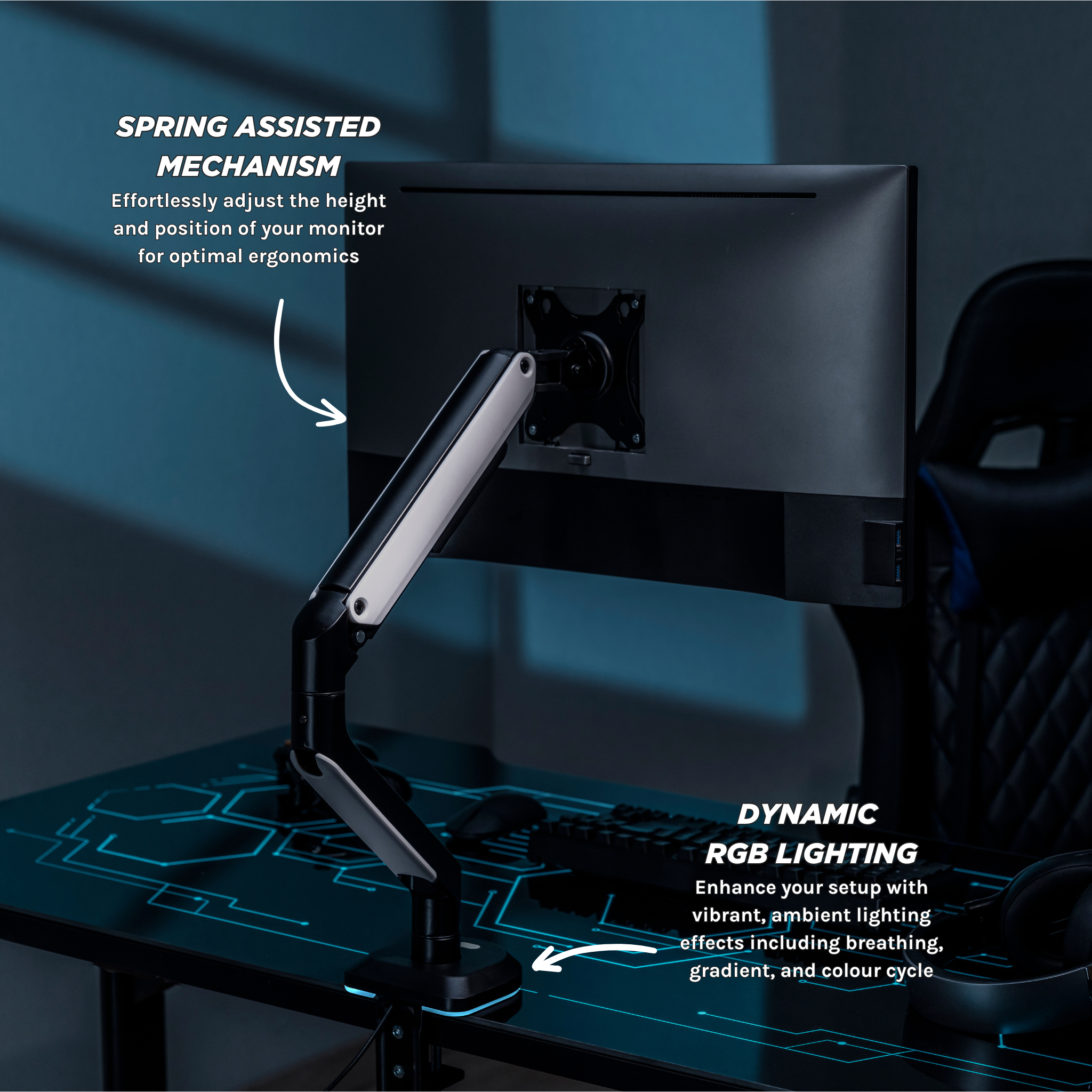 RGB Single Monitor Arm - Spring Assisted Adjustable Desk Mount for Gaming & Office Use - Ergonomic VESA 75/100mm Stand for Computer Screens (Home, Office, Gaming Setup)