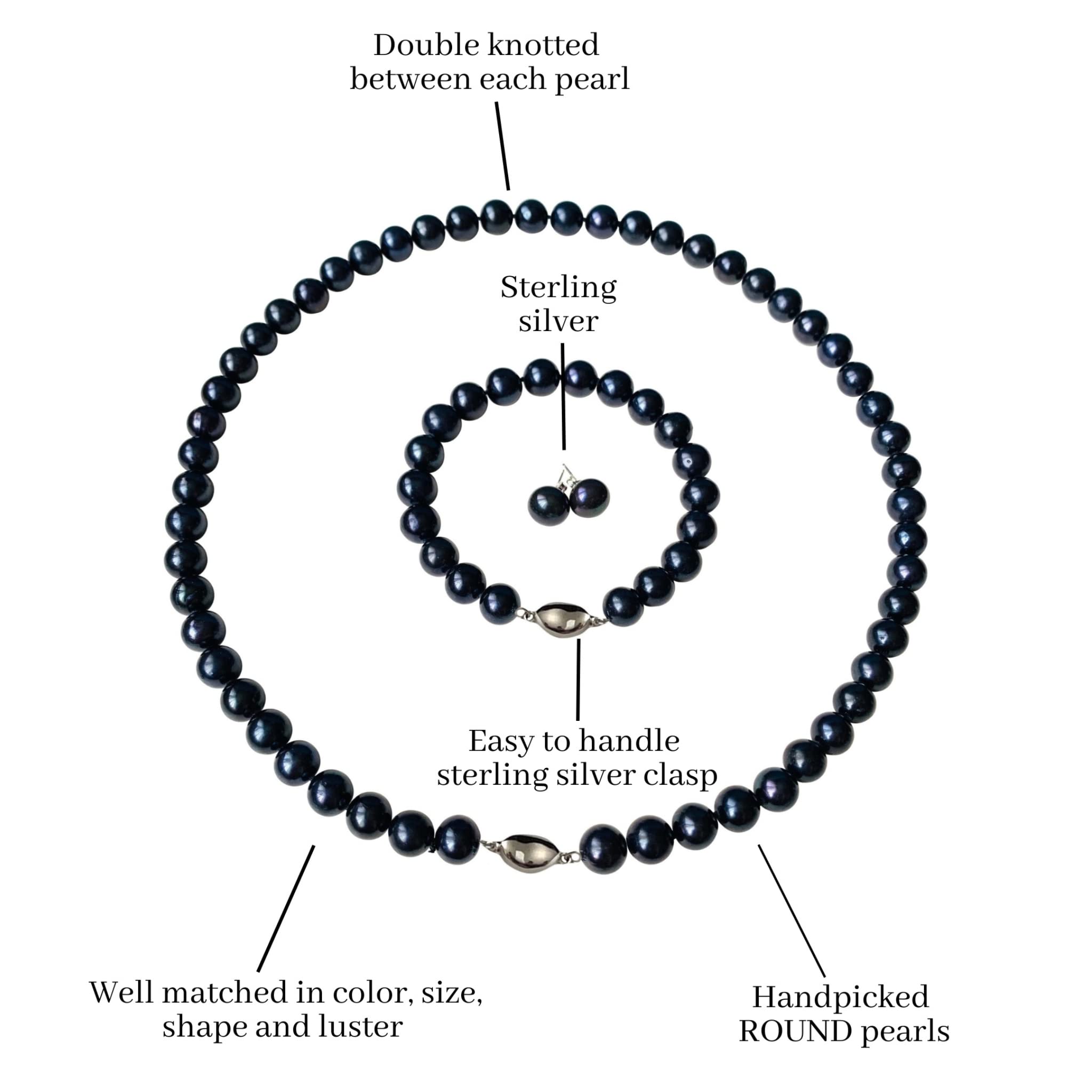 Black Pearl Jewelry Set for Women - Round Cultured Freshwater Pearl Necklace, Bracelet & Stud Earrings 3-Piece Gift Set | Elegant Christmas Present, Wedding Accessories & Formal Occasion Wear