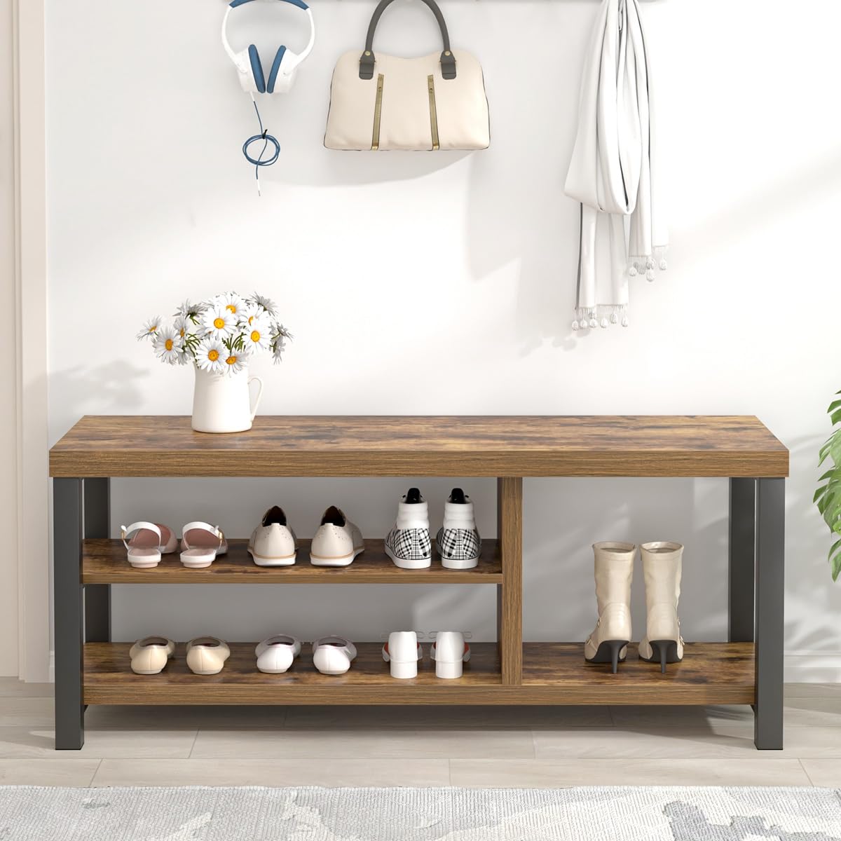 EXCEFUR 43.3 Inch Shoe Storage Bench - Rustic Brown Wooden Entryway Bench with Industrial Design for Hallway, Living Room & Bedroom | Perfect for Organizing Shoes, Coats & Home Decor