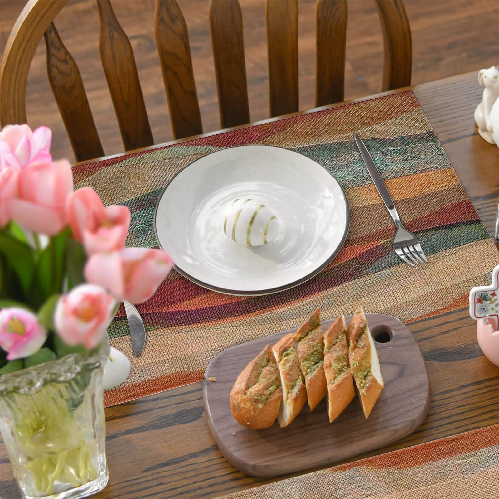 6-Piece Southwest Arizona Travertine Sandstone Placemats Set - Non-Slip, Heat Resistant, Washable Linen Table Mats with Turquoise Stripes for Farmhouse Kitchen Decor | Perfect for Holiday Parties, Dining Tables & Home Entertaining