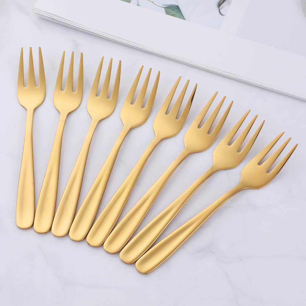 Premium Stainless Steel Dessert Forks Set of 10 - 5.5 Inch Gold Cocktail & Appetizer Forks - 3-Tine Mini Fruit & Salad Forks - Perfect for Parties, Weddings, and Fine Dining