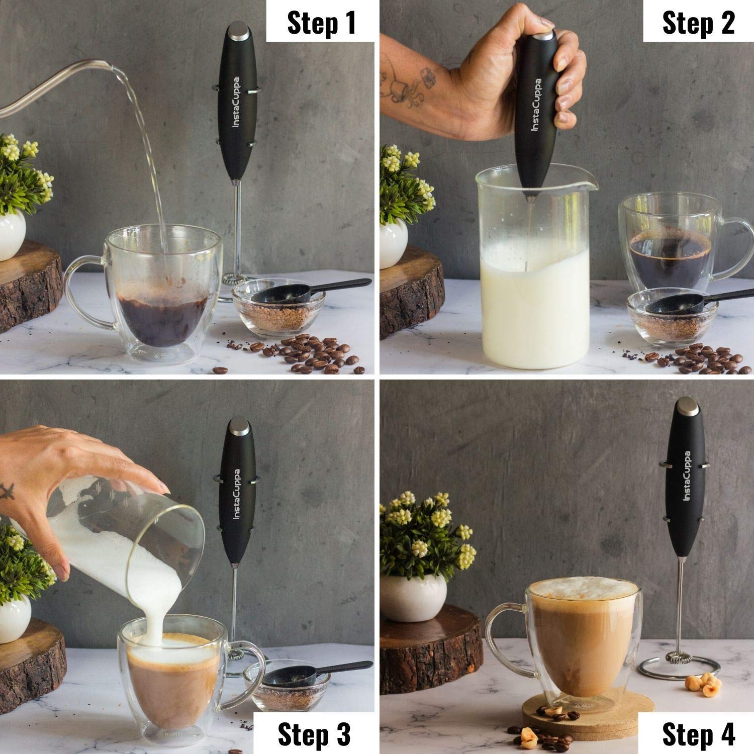 InstaCuppa Electric Milk Frother - Handheld Battery-Operated Coffee Foam Maker for Cappuccino, Latte & Hot Chocolate | Portable Milk Whisk with Stainless Steel Whisk & Stand | Perfect for Home, Office & Travel Use
