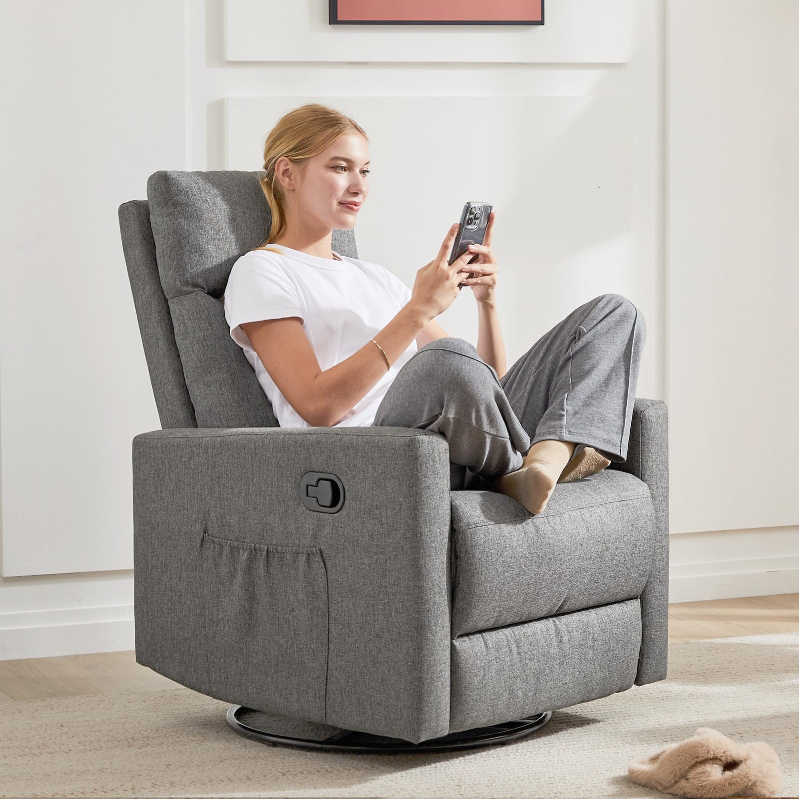 Sweetcrispy 360 Swivel Recliner Chair for Adults - High Back Upholstered Rocking Glider with Deep Seat - Grey Living Room Recliner & Nursery Chair for Relaxing, Nursing & Reading