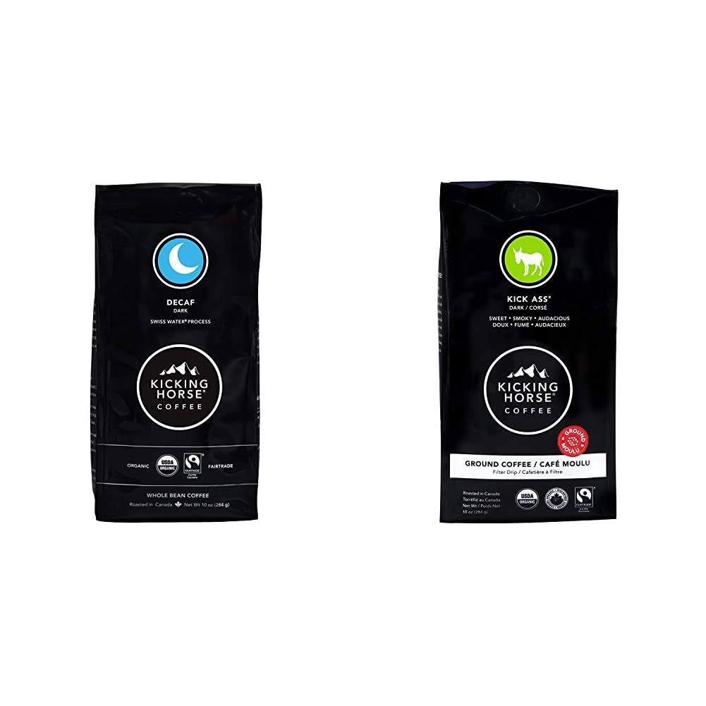 Kicking Horse Coffee Decaf Dark Roast Whole Bean & Ground Coffee Bundle - 10 Oz | Organic Fair Trade Swiss Water Process Decaffeinated Coffee | Perfect for Home Brewing, Office Use & Gifts