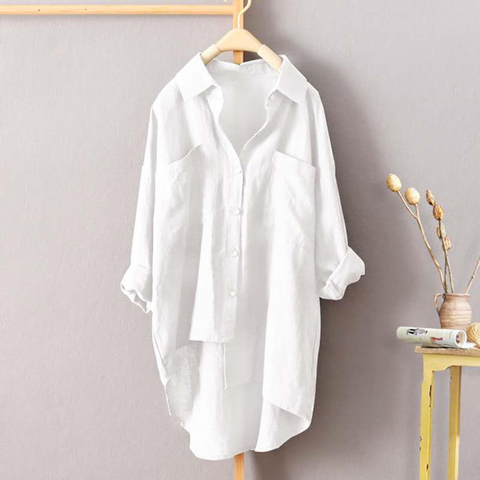 Women's Plus Size Long Sleeve Linen Shirts with Pockets - Casual Loose Fit Cotton Tunic Tops & Blouses for Everyday Wear, Work & Layering