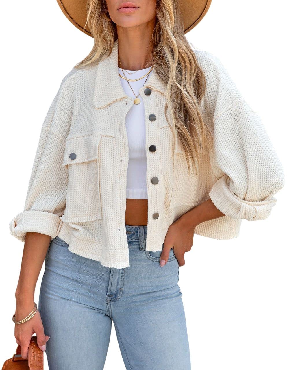 Women's Crop Waffle Knit Shacket - Long Sleeve Button Down Shirt Jacket Top for Fall & Winter | Casual Outfits, Layering, Office Wear