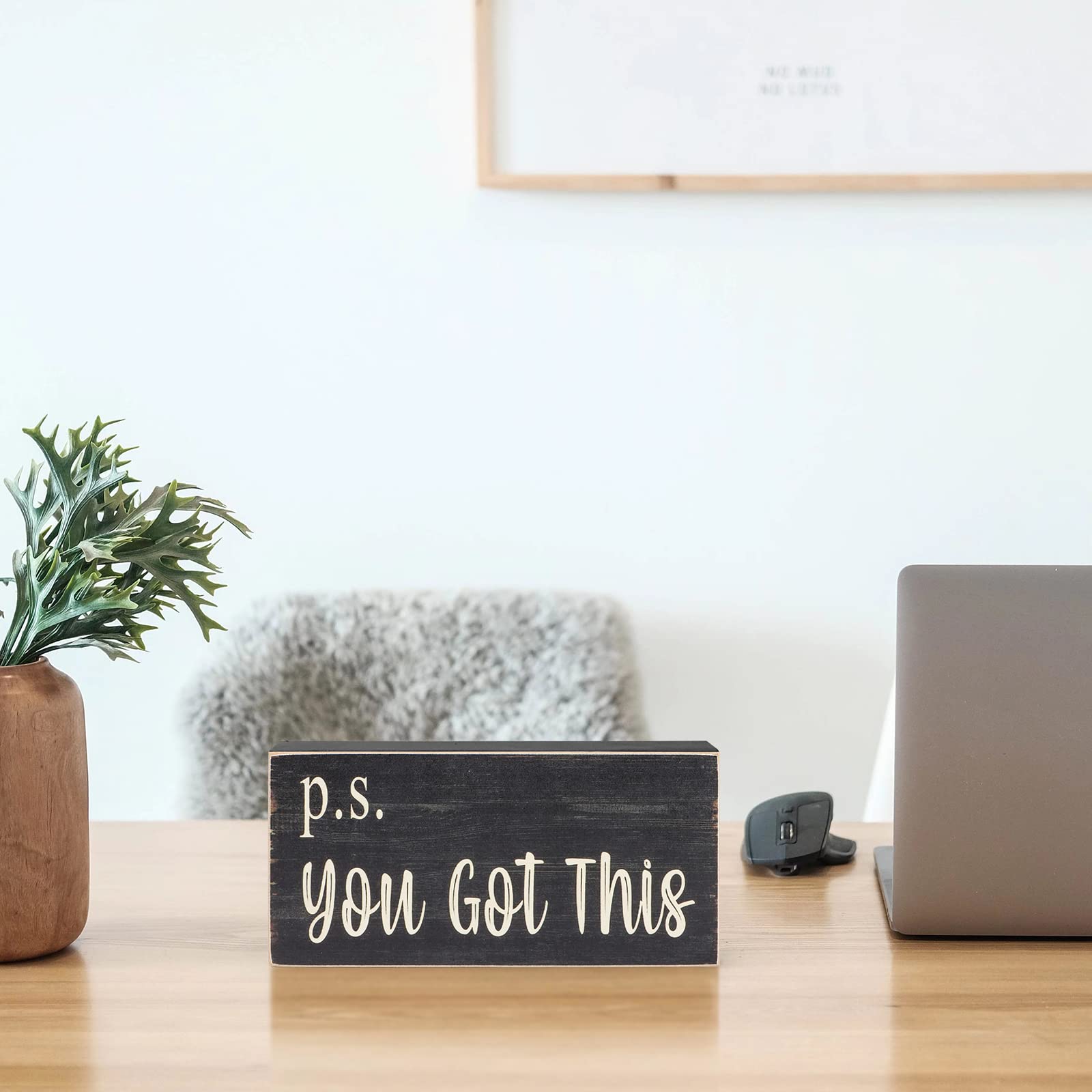Esur Motivational Home Office Desk Decor - Farmhouse Wooden Box Sign Gift for Women, Men & Coworkers - Inspirational Wall Art for Office, Work from Home & Study Room - P.S. You Got This
