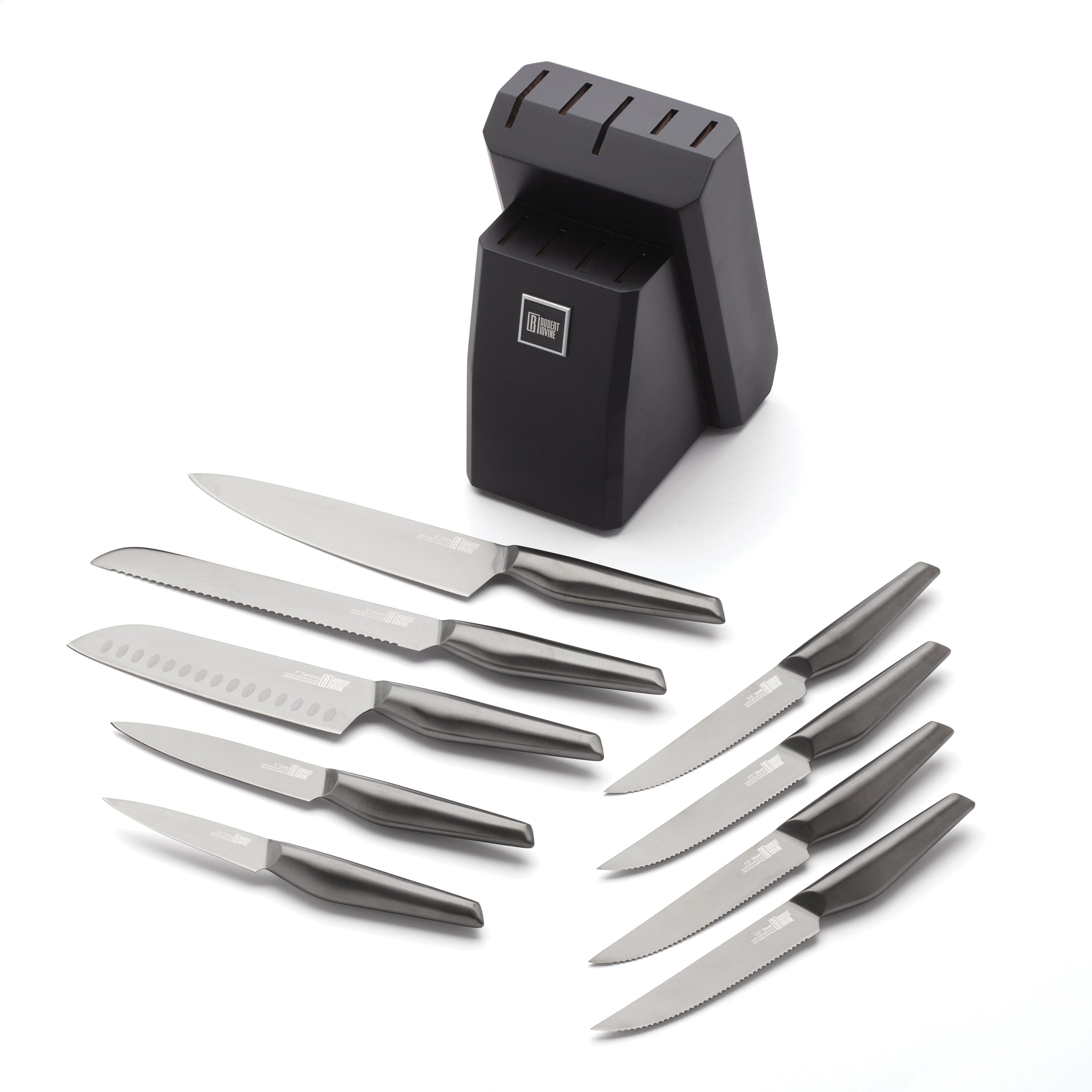Robert Irvine 10-Piece Black Cutlery Block Set - Premium Stainless Steel Knives with Wooden Stand - Perfect for Kitchen, Dining Room & Gift Giving