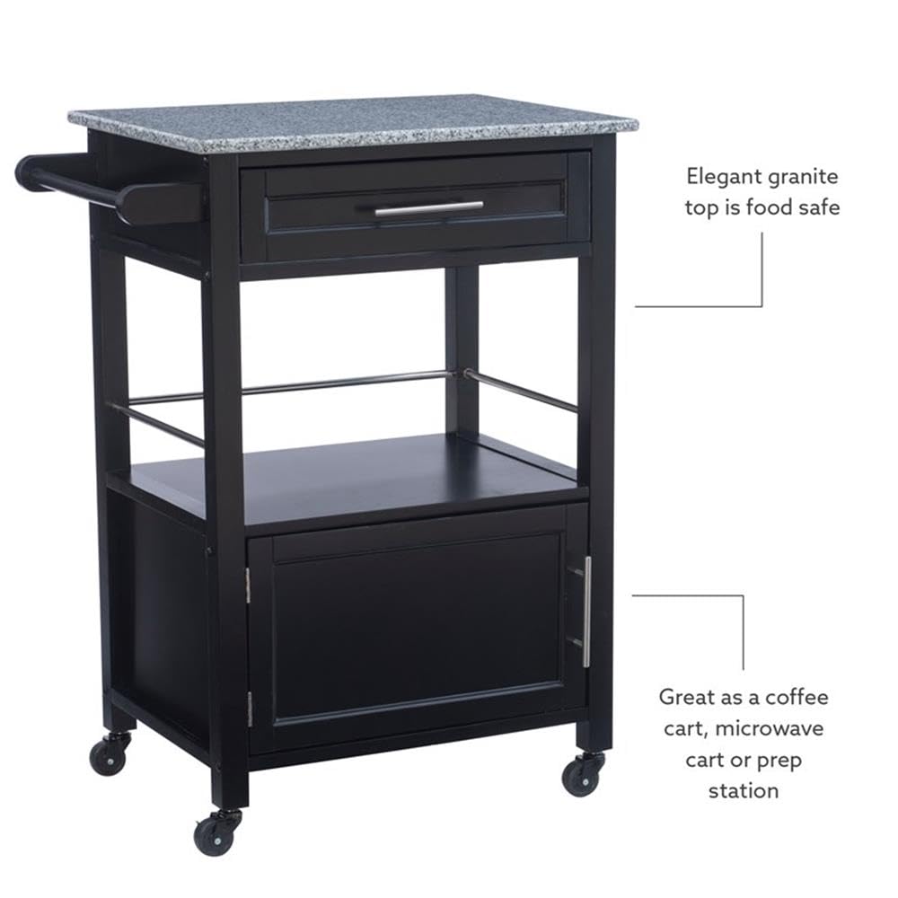 Linon Mitchell Wood Granite Top Rolling Kitchen Cart with Ample Storage - Black | Perfect for Small Kitchens, Dining Rooms & Outdoor Entertaining