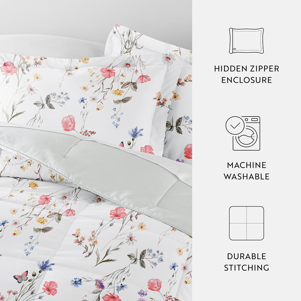 Meadow Floral Reversible Down Alternative Comforter Set - Soft Hypoallergenic Bedding for All Seasons | Perfect for Master Bedroom, Guest Room & Dorm Decor
