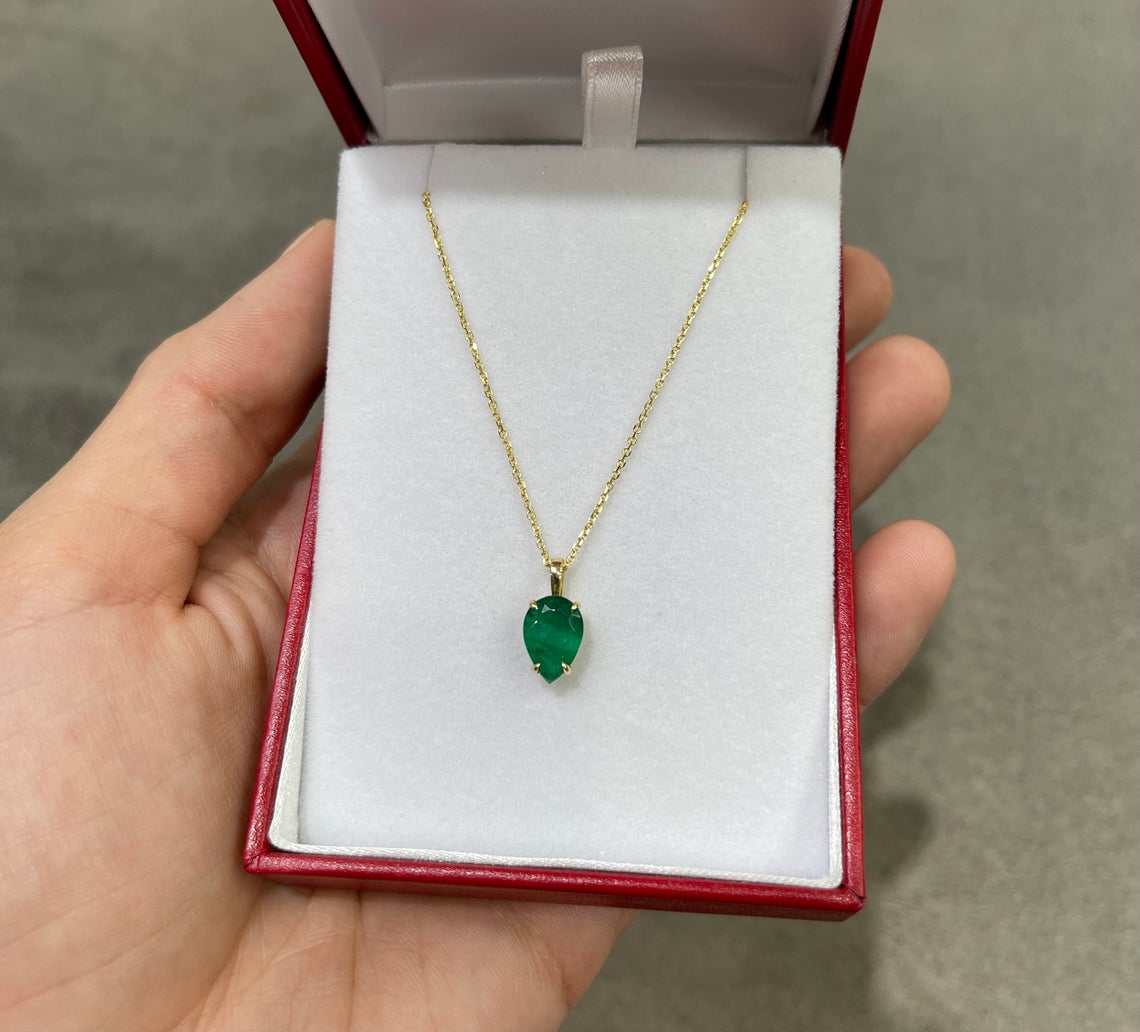 1.70 Carat Colombian Emerald Solitaire Pear Gold Upside Down Pendant Necklace - Elegant Jewelry Gift for Women, Perfect for Weddings, Anniversaries & Special Occasions