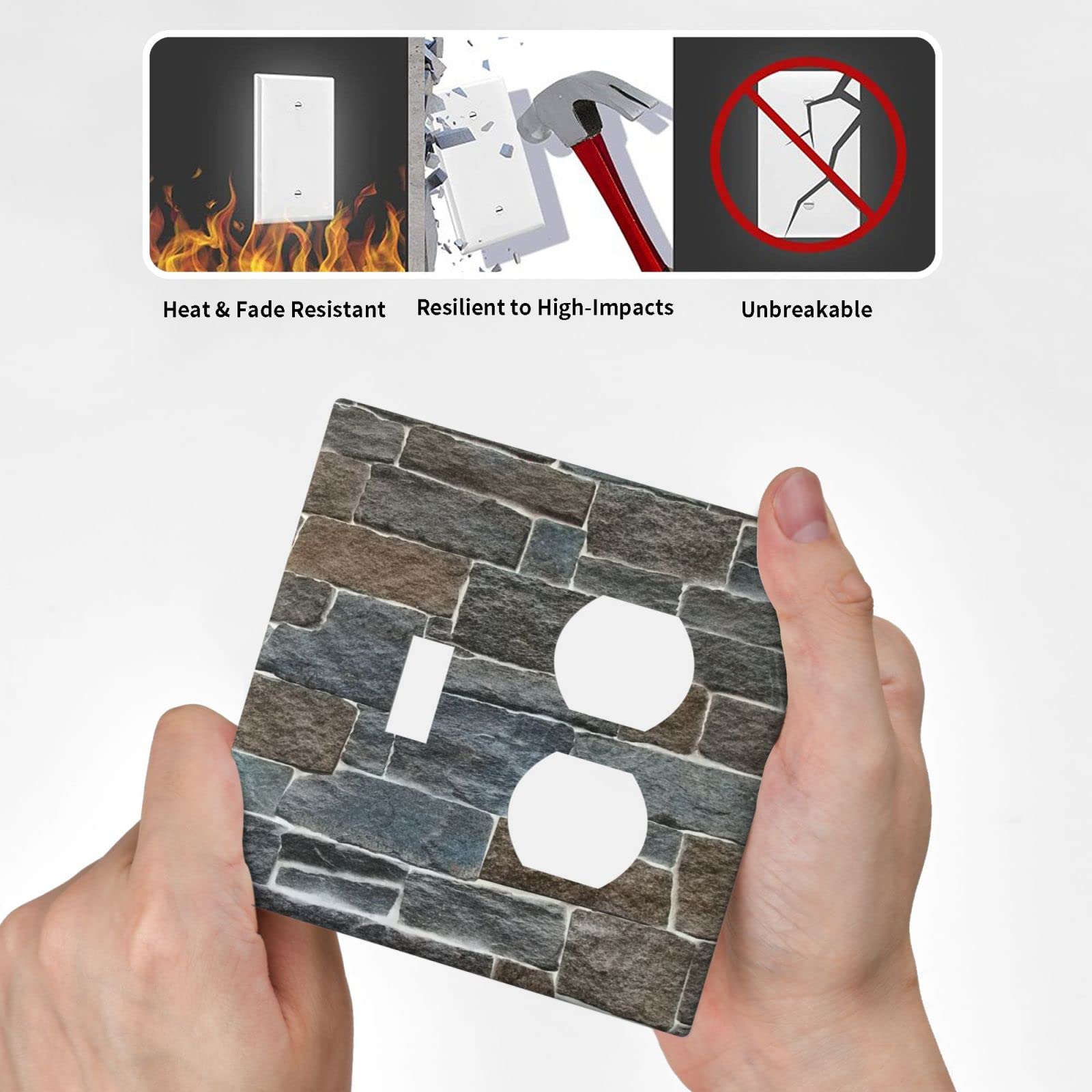 Farmhouse Style Stone Texture 2 Gang Toggle Duplex Outlet Wall Plate - Decorative Light Switch Cover for Living Room, Bedroom, Bathroom & Laundry Room - Durable Electrical Accessory with Combination Design