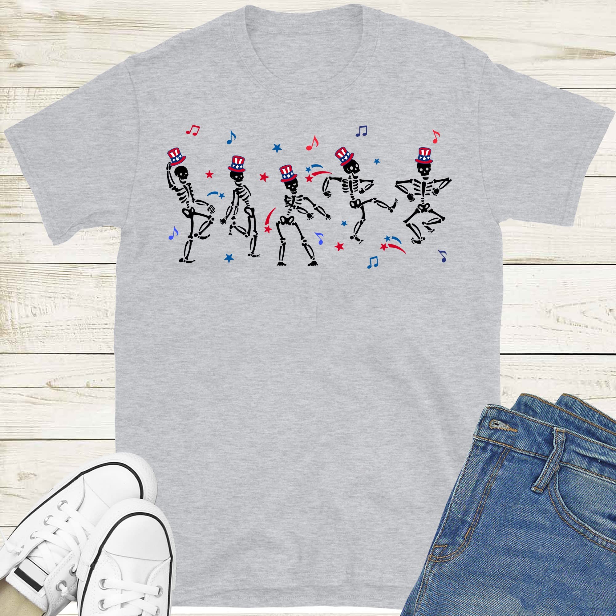 4th of July Dancing Skeleton T-Shirt | Patriotic American Flag Funny Skeleton Shirt | Independence Day Party Outfit for Men & Women