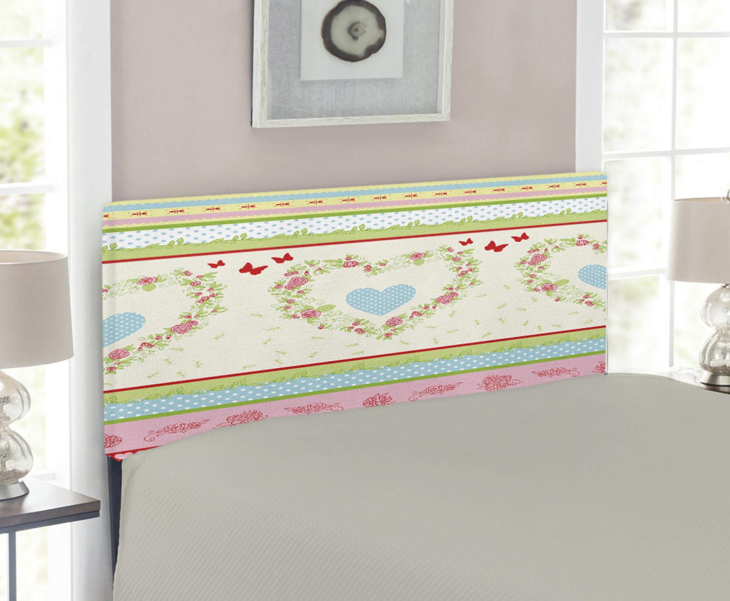 Ambesonne Shabby Floral Headboard - Country Style Roses, Butterflies, Hearts & Polka Dots - Upholstered Decorative Metal Bed Frame with Memory Foam - Twin Size Multicolor - Perfect for Cottage, Farmhouse & Vintage Bedroom Decor