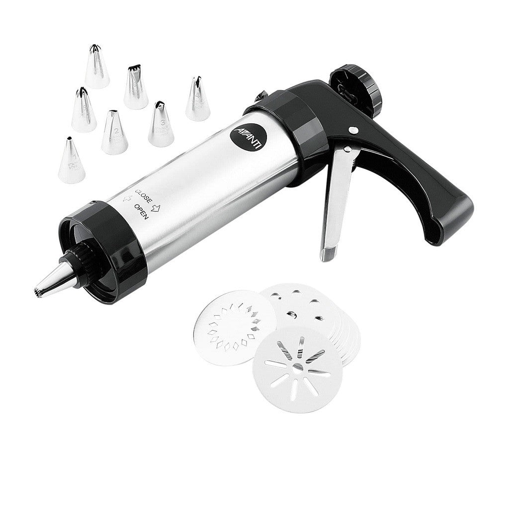 Avanti 17-Piece Affordable Cookie Press Set - Stainless Steel Cookie Maker with 12 Discs for Baking, Decorating - Perfect for Holidays, Parties & DIY Desserts