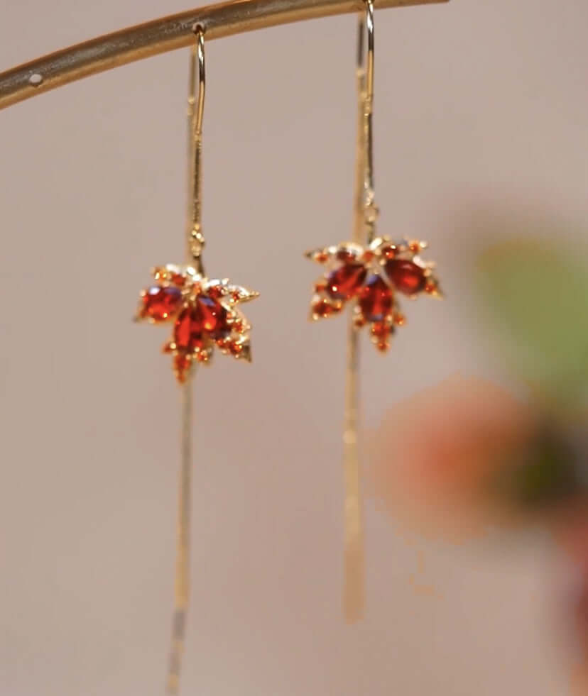 Trendy Red Diamond Leaf Stud Earrings for Women - Elegant Fashion Jewelry Gift for Parties, Weddings & Daily Wear