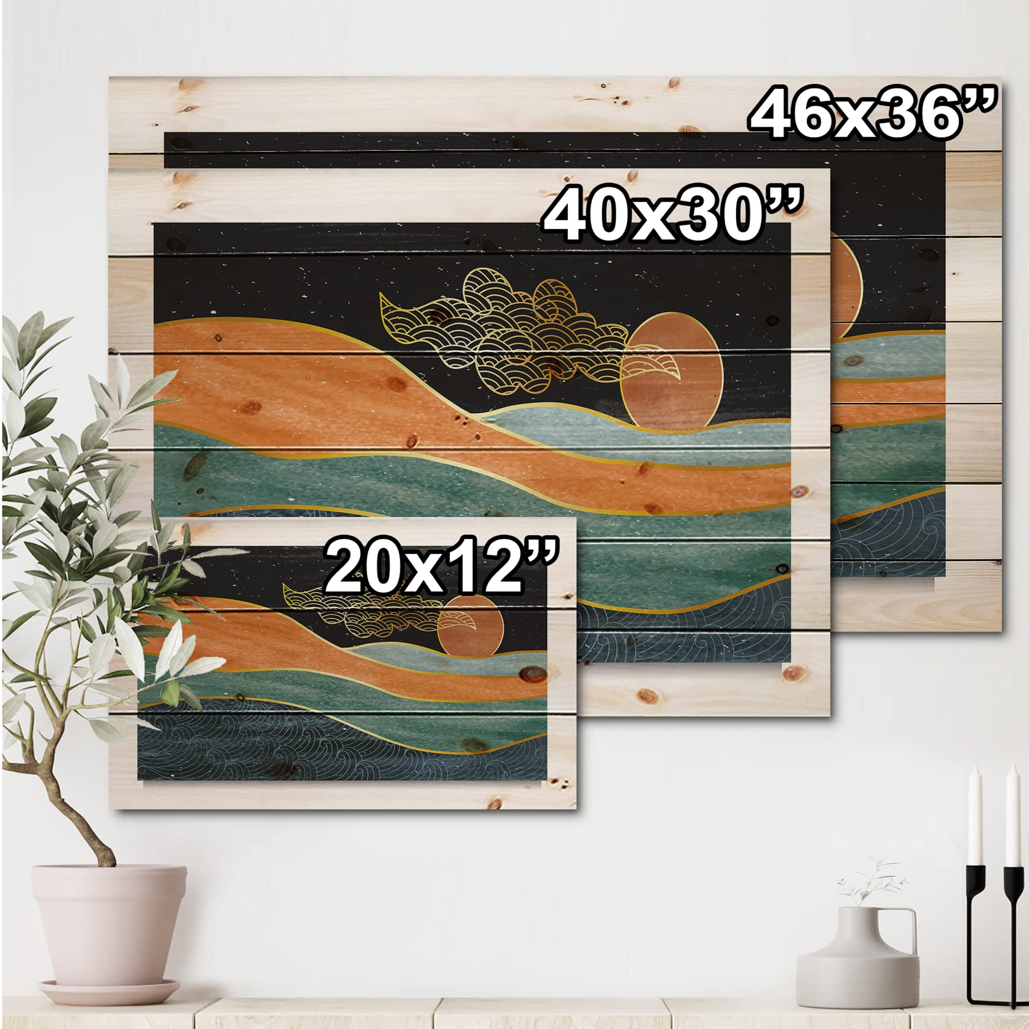 Abstract Nature Wood Wall Art - Sea Sky Sun Mountain Landscape for Home Decor
