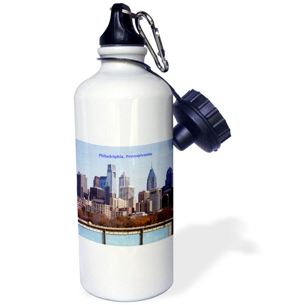 3D Rose Philadelphia Skyline Textured Sports Water Bottle - 21 oz Insulated Stainless Steel Gym Bottle for Running, Hiking & Workouts - White