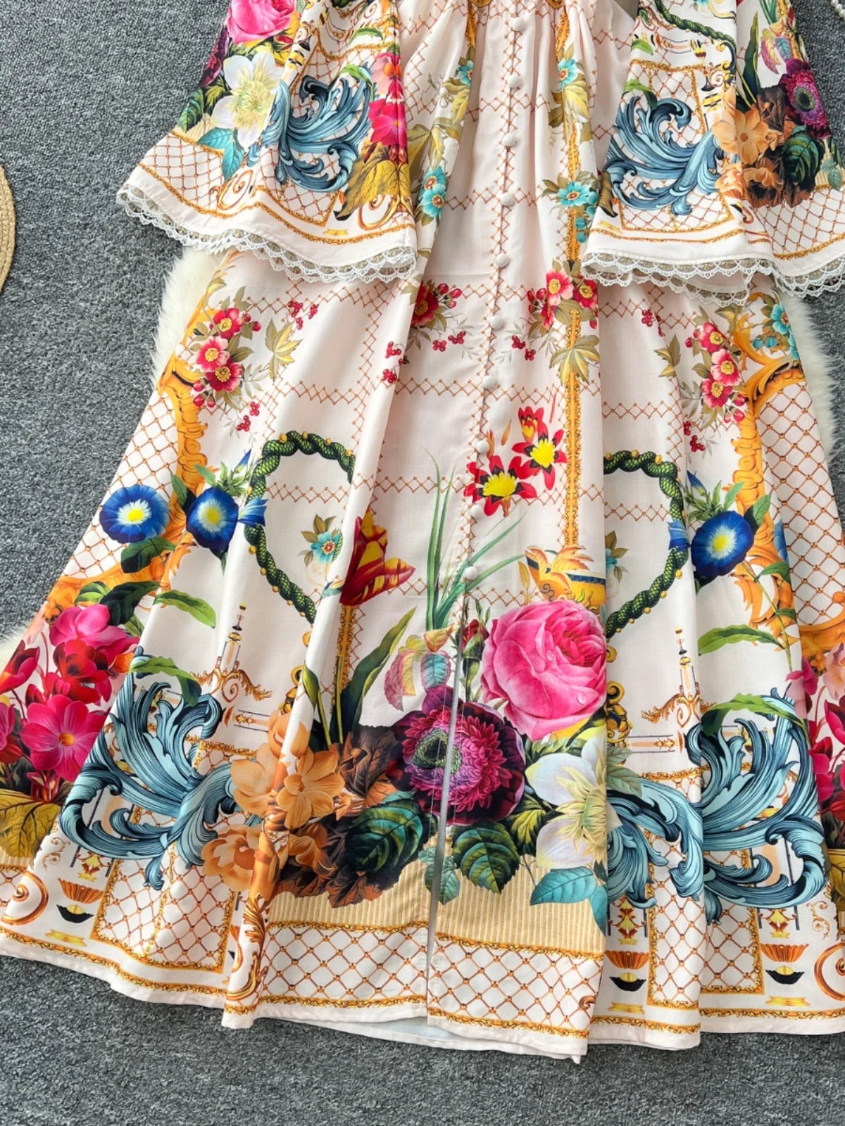 Elegant Floral Long Maxi Dress for Women - Lantern Sleeve, Single Breasted Lace Neckline, National Trench Print - Perfect for Parties, Weddings & Special Occasions