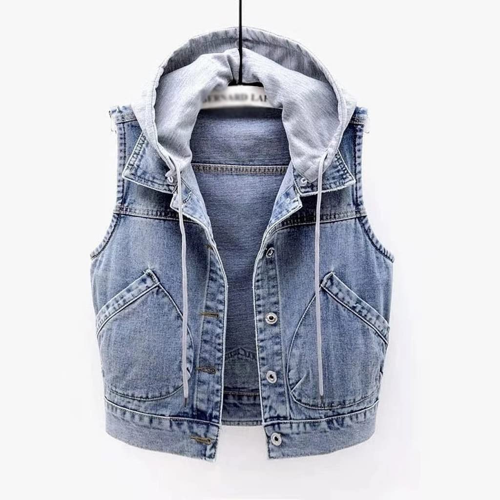 Women's Denim Vest Sleeveless Hooded Jacket - Spring Fashion Wild Tops Short Jacket (Color: Blue, Size: XXL) | Casual Outfits, Streetwear, Layering for Spring & Summer