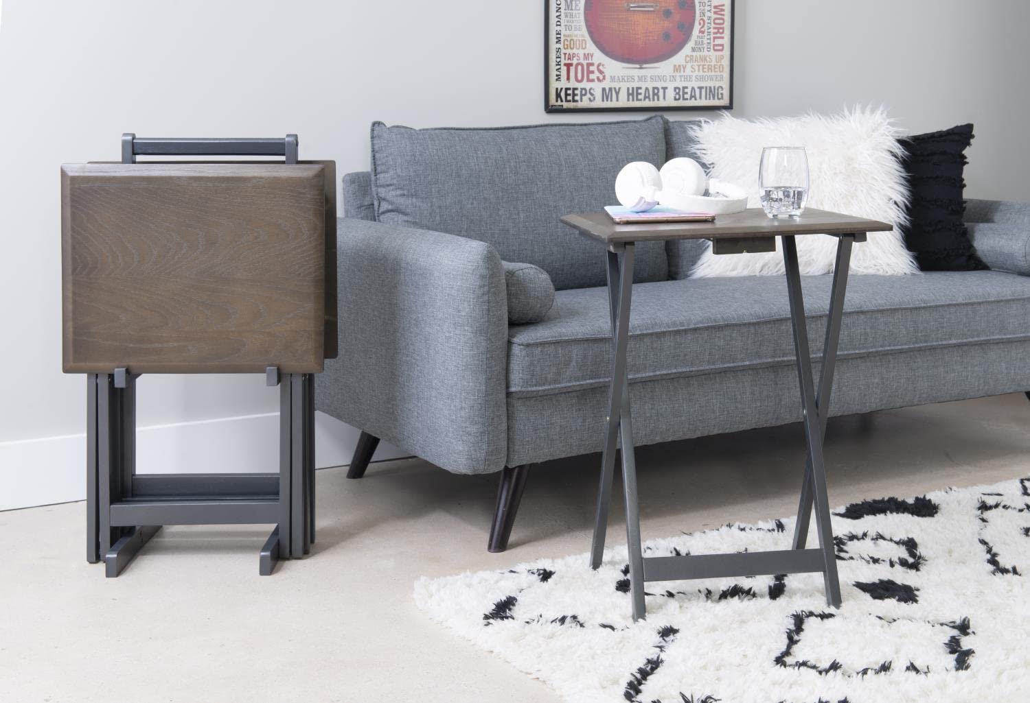 Linon Marlowe Grey Tray Table Set - Portable Side Table with Removable Tray for Living Room, Bedroom, or Outdoor Use