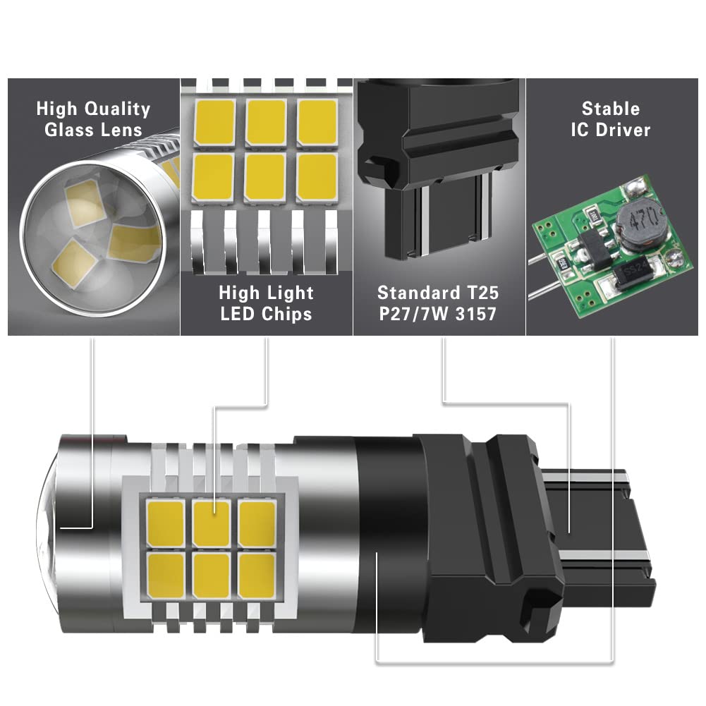 3157 3156 3057 4157 7528 LED Bulbs - 21-EX 2835 SMD Chipsets with Lens Projector - Super Bright Xenon White Backup Reverse Lights, Tail Lights, Brake Lights - DC 10-16V, 10.5W (Pack of 2) - Perfect for Trucks, SUVs, Cars, and Trailers