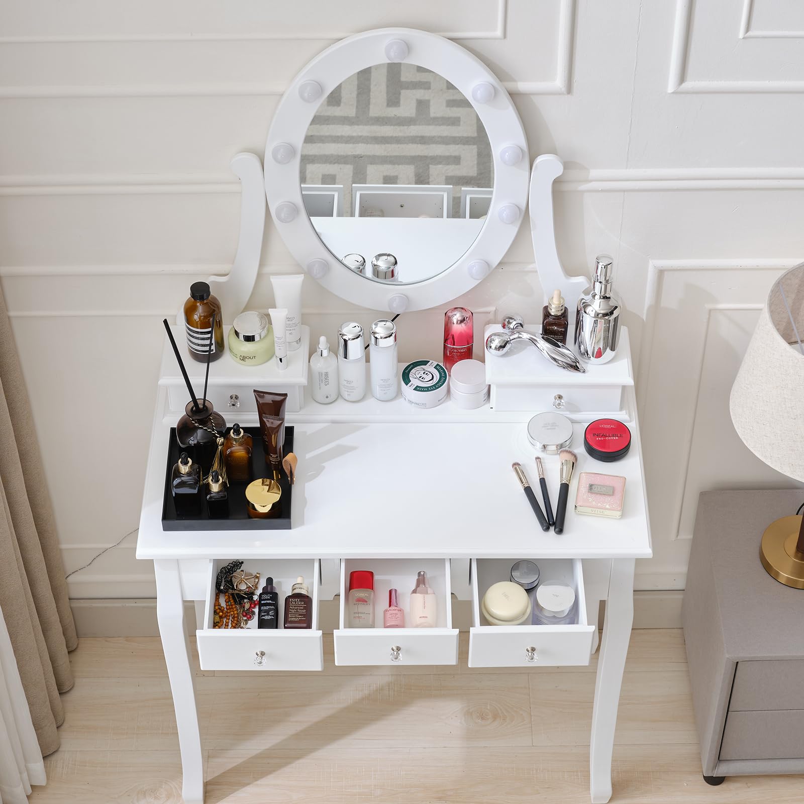 Lighted Makeup Vanity Table with Mirror - 5 Large Drawers Dressing Desk for Women & Girls, White | Perfect for Bedroom, Dorm Room & Beauty Salon Organization