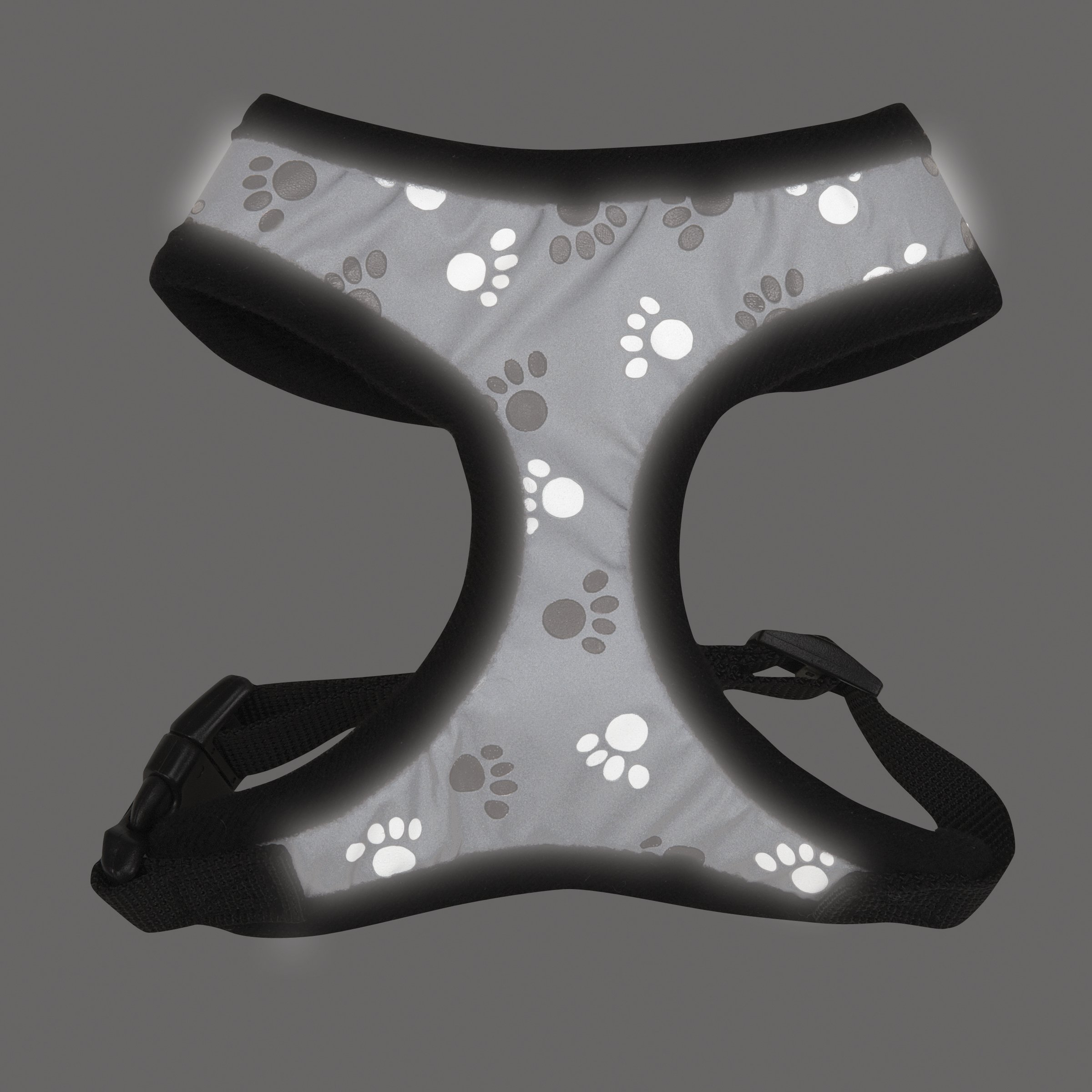 Reflective Paw Print Dog Harness for Small Dogs - Adjustable & Breathable Black Pet Safety Vest for Night Walks, Jogging & Outdoor Adventures
