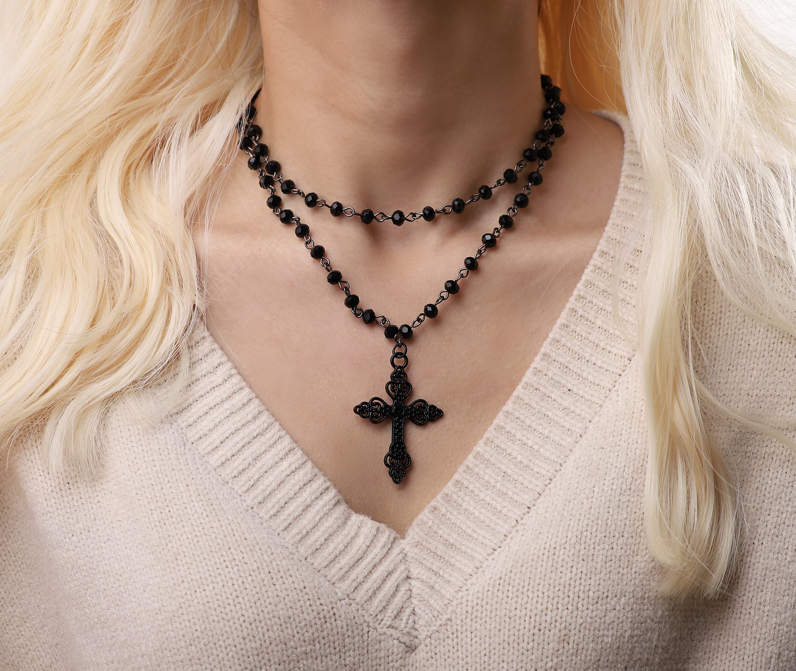 Gothic Layered Cross Choker Necklace - Black Bead Emo Grunge Necklace for Women | Halloween, Christmas Costume Jewelry Gift | Perfect for Gothic Fashion, Party Outfits and Alternative Style