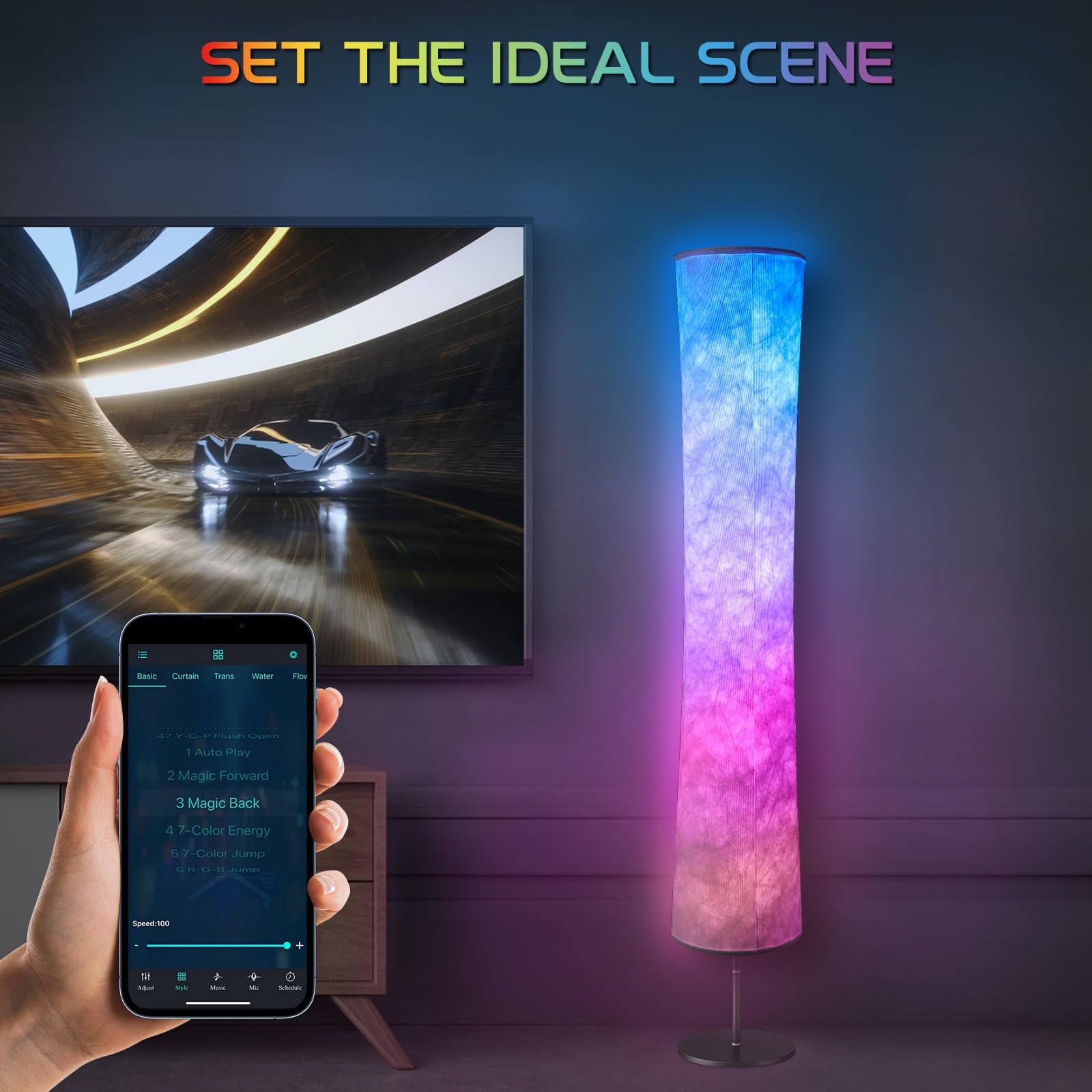 Smart RGB Color Changing LED Floor Lamp with Alexa & App Control - DIY Mode, Music Sync, White Fabric Shade - Modern Standing Light for Living Room, Bedroom, Gaming Room & Home Theater Ambiance