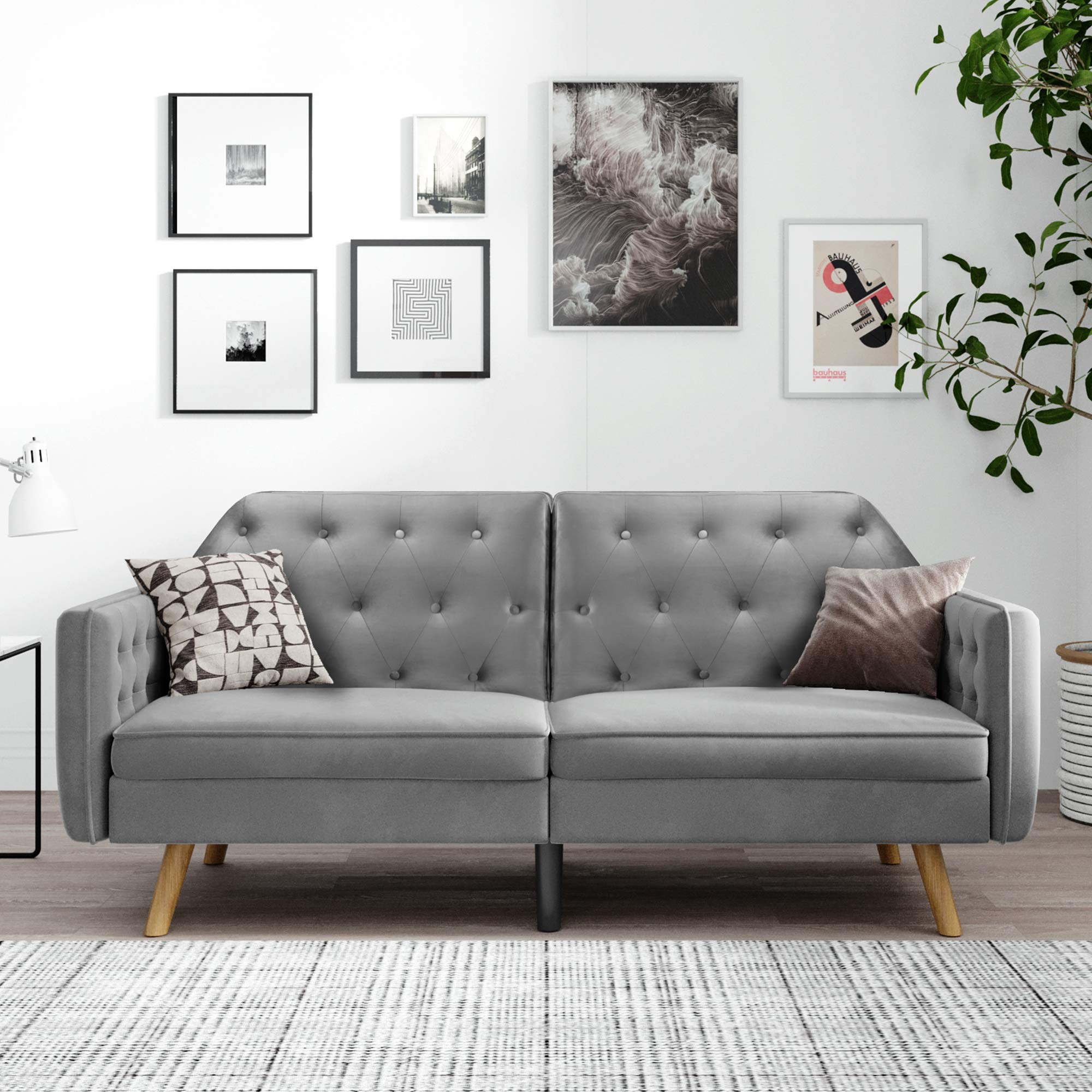 Modern Velvet Convertible Futon Sofa Bed with Wood Legs & Armrests - 3 Adjustable Backrests for Small Spaces, Apartments & Guest Rooms | Twin Size Sleeper Couch for Overnight Guests, Living Room & Studio (Gray)