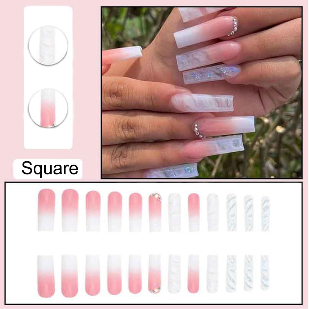 Ombre Pink White Press on Nails Long Square - Glitter Fake Nails with Rhinestones Design - Full Cover Acrylic Artificial Stick on Nails for Women & Girls - 24Pcs - Perfect for Wedding, Party, and Special Occasions