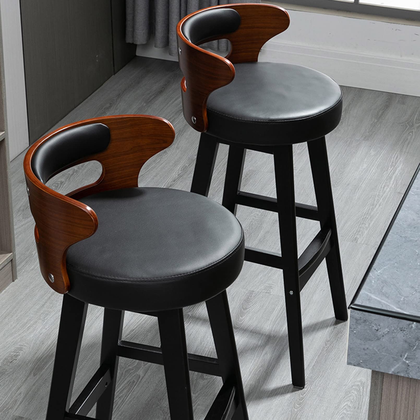 2-Pack Faux Leather Bar Stools with Wooden Legs - Farmhouse Style Kitchen & Dining Chairs for Home, Bistro & Coffee Shop - Comfortable Upholstered Counter Height Stools for Breakfast Nook, Kitchen Island & Cafe Seating