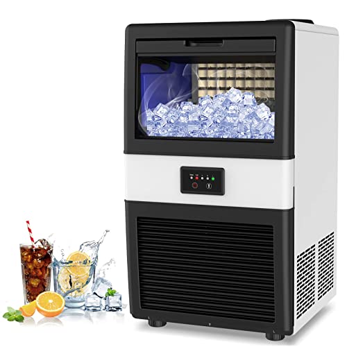 LIFEPLUS 70LBS/24H Commercial Ice Maker Machine - Under Counter Freestanding Ice Machine with 10LBS Storage Bin, 32 Cubes per Cycle, 2 Water Inlet Modes, Self-Cleaning - ETL & FDA Certified for Bars, Restaurants, Offices, Coffee Shops & Home Use