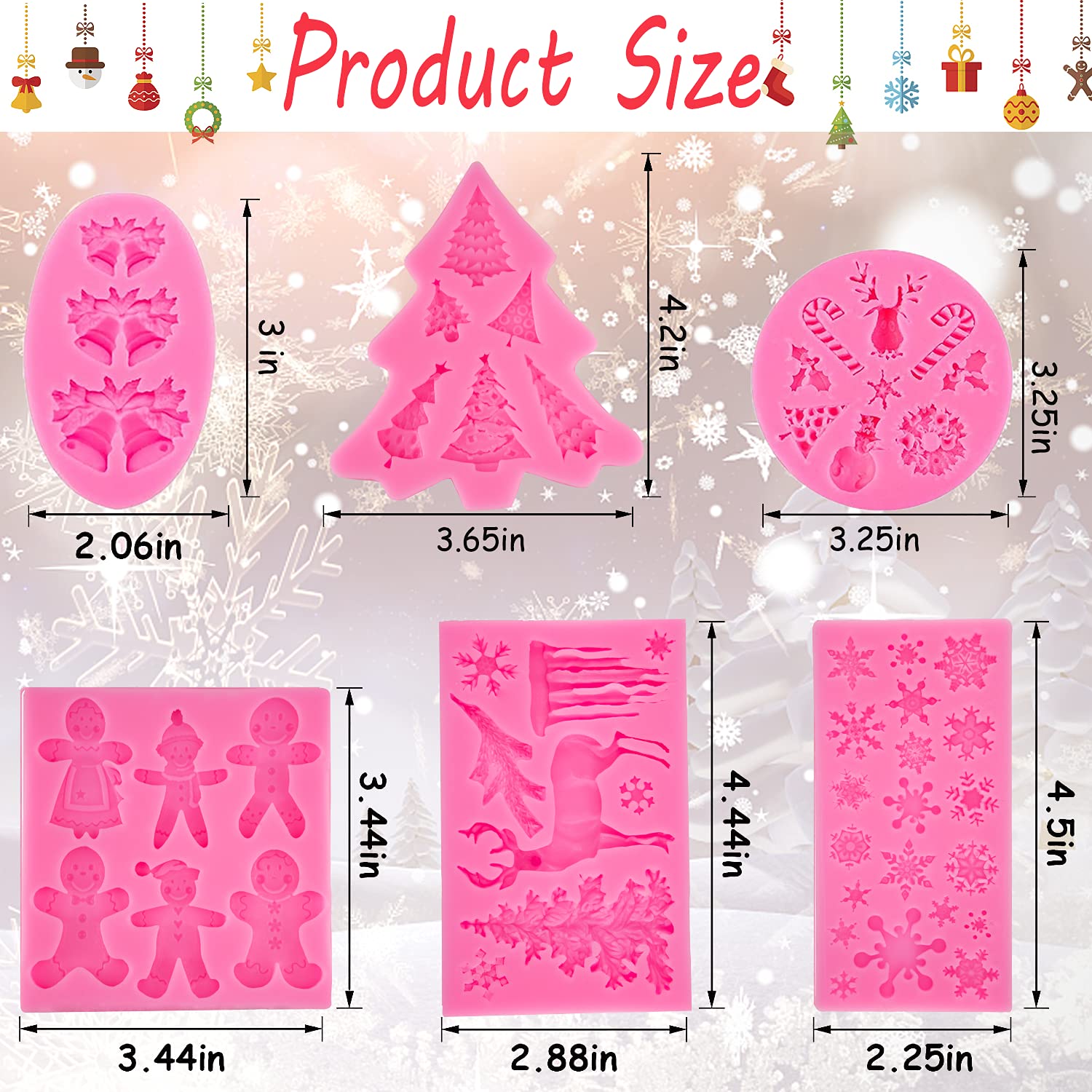 6-Piece Christmas Fondant Molds Set - Mini Pink Silicone Molds for Polymer Clay, Snowflake, Tree, Reindeer & Santa - Baking Tools for Cake Decorating, Candy & Chocolate Making - Perfect for Xmas Parties, DIY Gifts & Holiday Desserts
