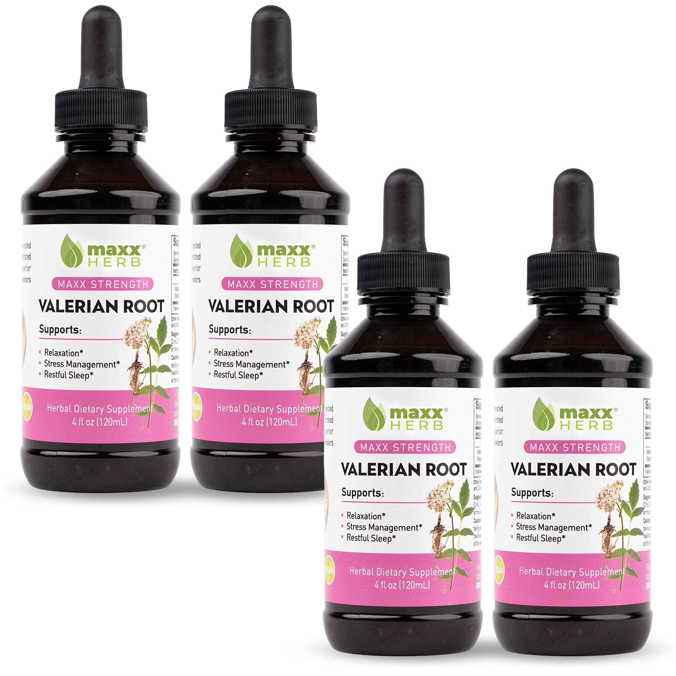 Maxx Herb Valerian Root Extract - Max Strength Liquid Supplement for Relaxation & Sleep Support, Alcohol-Free, Fast Absorption, 4 Bottles (4 Oz Each, 240 Servings) - Perfect for Nighttime Stress Relief & Natural Sleep Aid