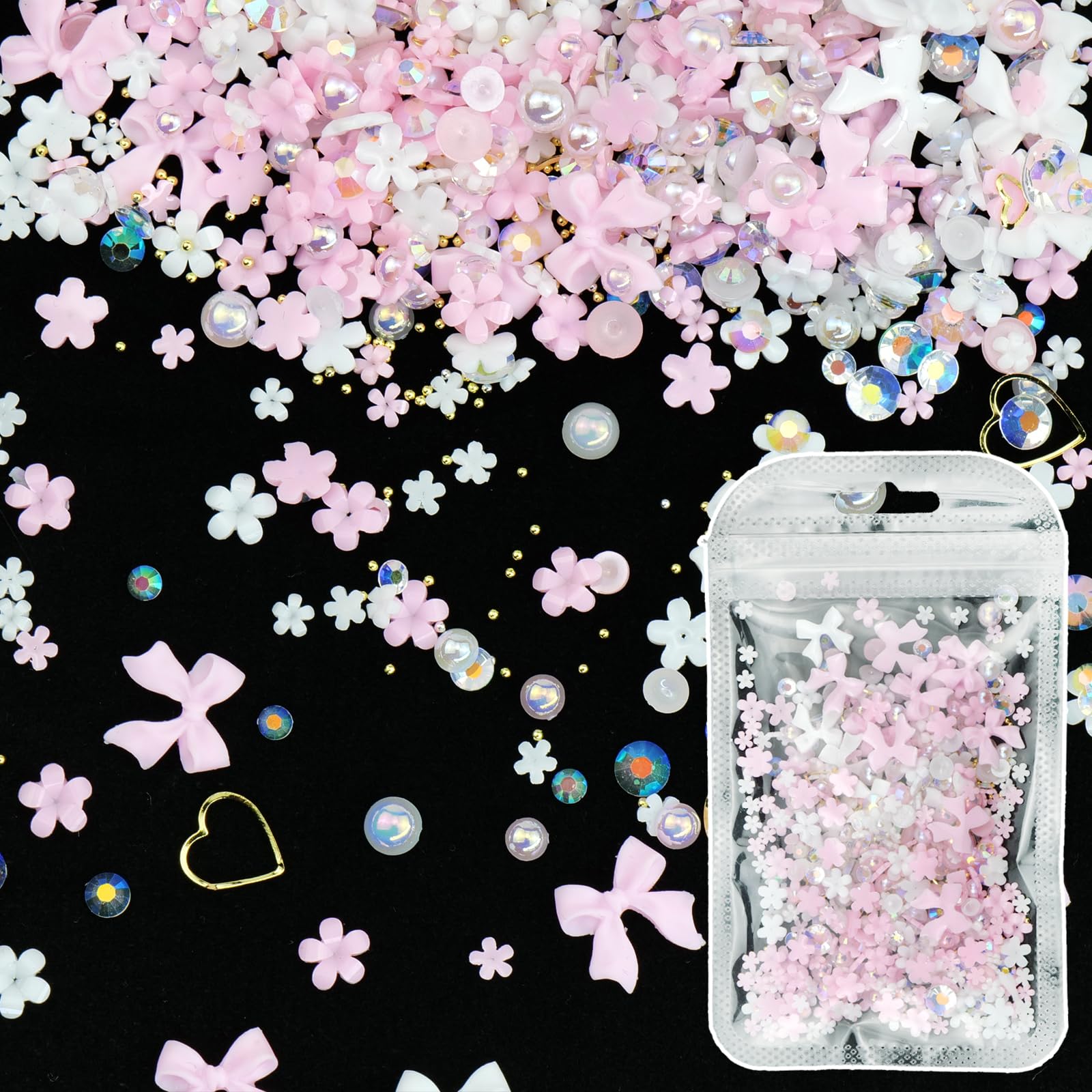 CESUSME 3D Flower Bows Nail Charms - Pink White Bowknot Flowers & Golden Round Beads for Nail Art DIY - Perfect for Junk Case, Manicure, Salon, and Party Nail Designs