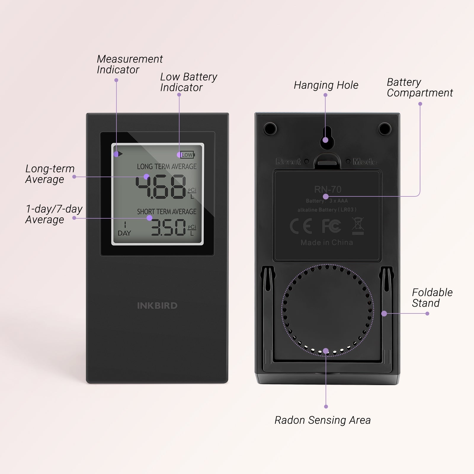 Radon Detector INK RD1 - Digital Radon Gas Monitor for Home & Office Safety - Continuous Air Quality Testing for Basements, Bedrooms & Workplaces