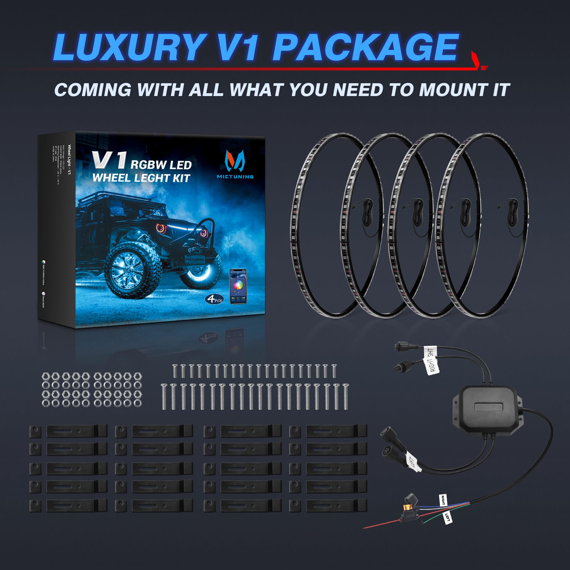 MICTUNING 17.5 Inch RGBW LED Wheel Ring Lights Kit - APP Controlled Neon Wheel Rim Lights with Turn Signal, Braking & Music Sync (4 Pack) - Perfect for Car Customization, Night Driving & Car Shows
