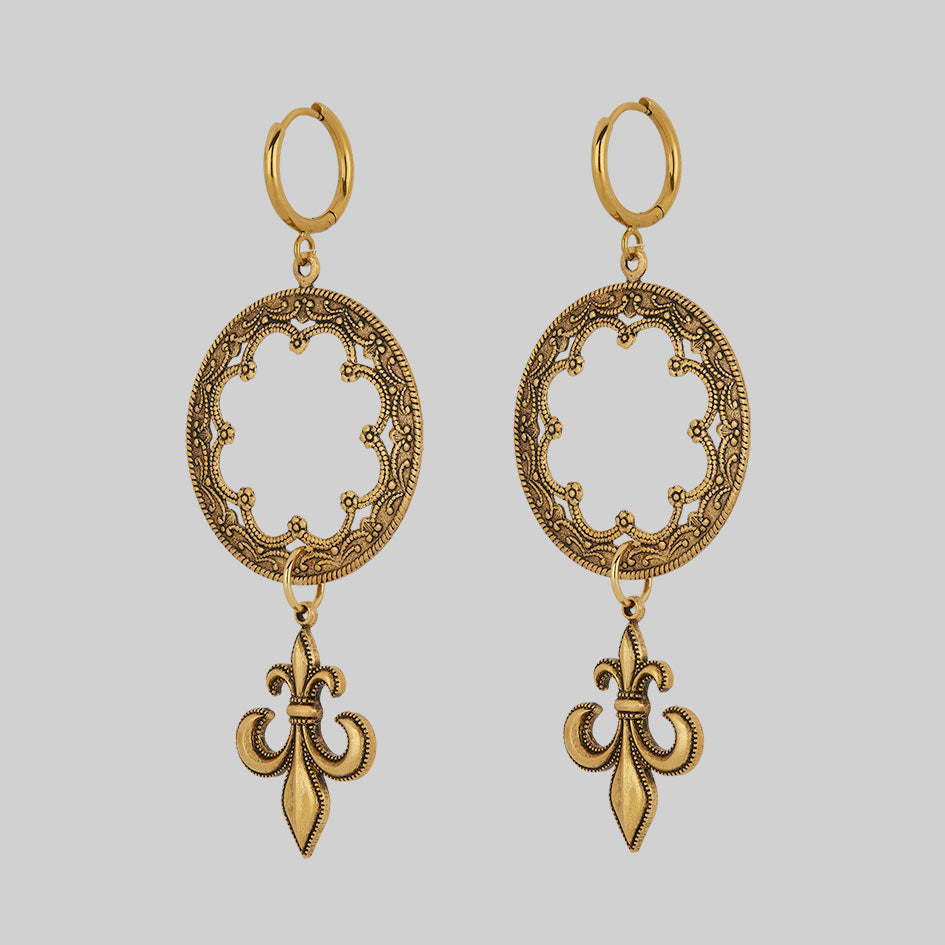 VOW. Gothic Fleur de Lis Hoop Earrings in Gold - Elegant Vintage Jewelry for Women, Perfect for Gothic Fashion, Renaissance Fairs & Special Occasions
