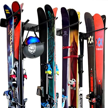 Wall Mount Ski & Snowboard Storage Rack - Heavy Duty 8-Pair Metal Hooks Organizer for Garage, Basement or Entryway - Indoor/Outdoor Sports Equipment Organization System (Perfect for Winter Gear Storage)